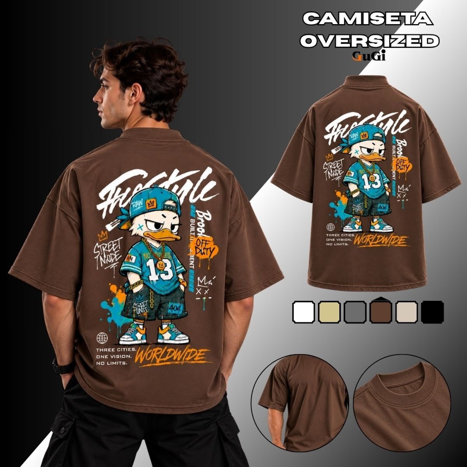 Camiseta Masculina Oversized Pato Cartoon Street 100% Algodão 30.1 Marrom