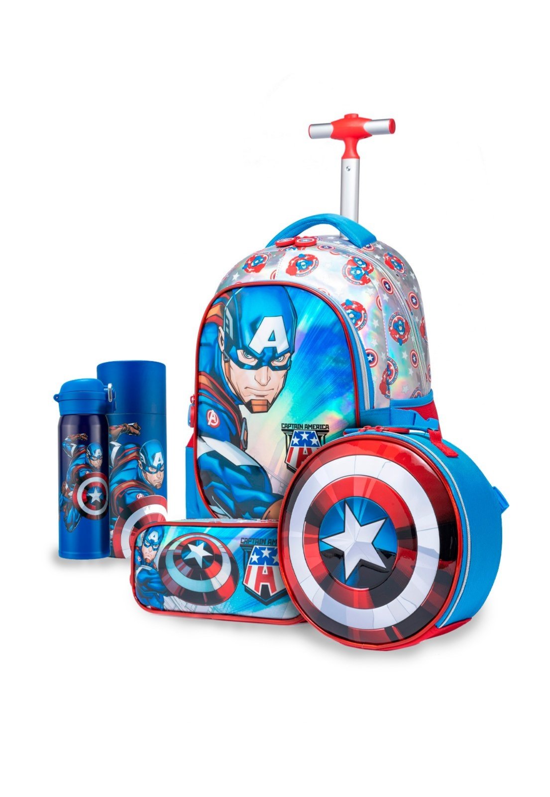 Infantil - Kit Mochila Lancheira Estojo Garrafa Marvel Capitão América