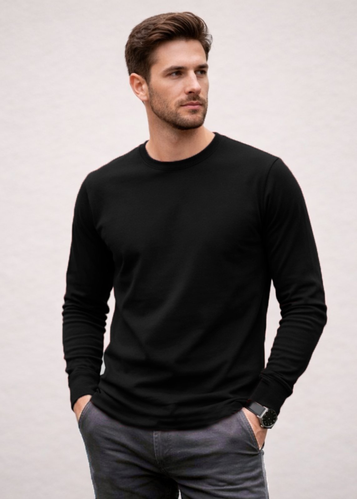Camiseta Básica Manga Longa Masculina Slim Confortável - Preto