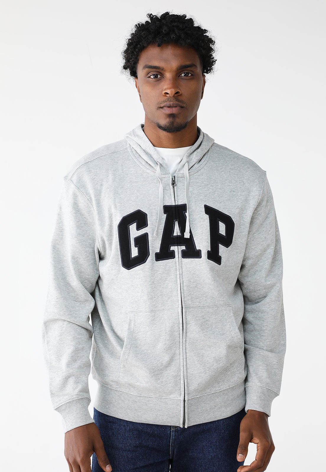 Blusa de Moletinho Aberta GAP Reta Logo Estampado Com Capuz Cinza