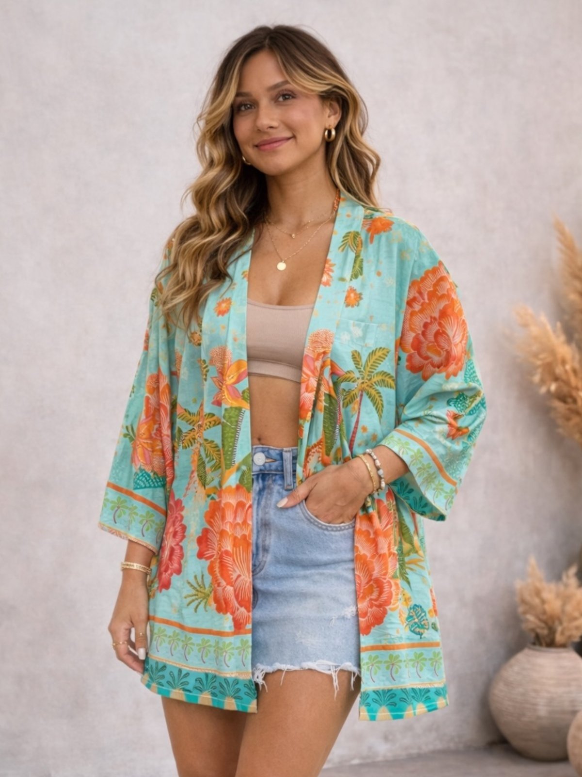 Kimono Turquesa Zuri Amplo Estampado