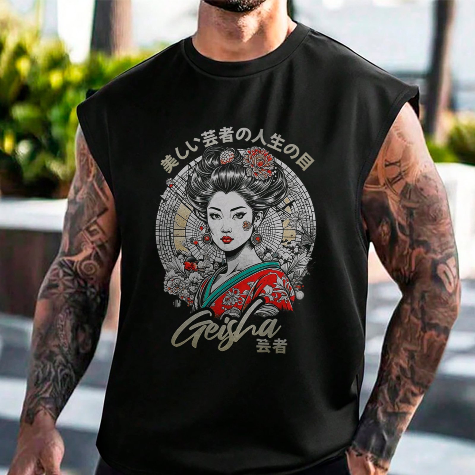 Camiseta Regata Machão Geisha Japão Arte Oriental Preto