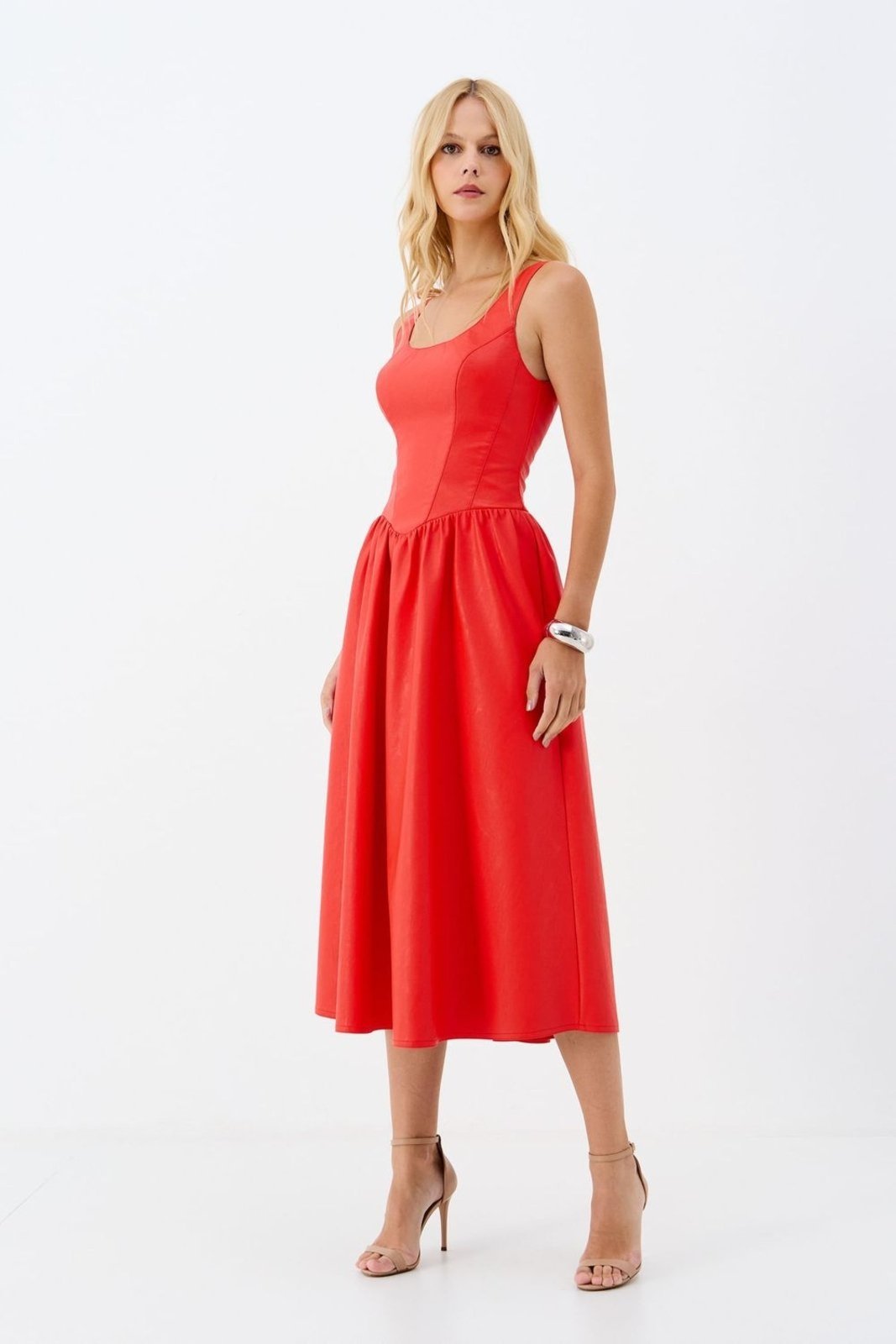 Vestido Midi PU Saia Fluida ACT Feminino