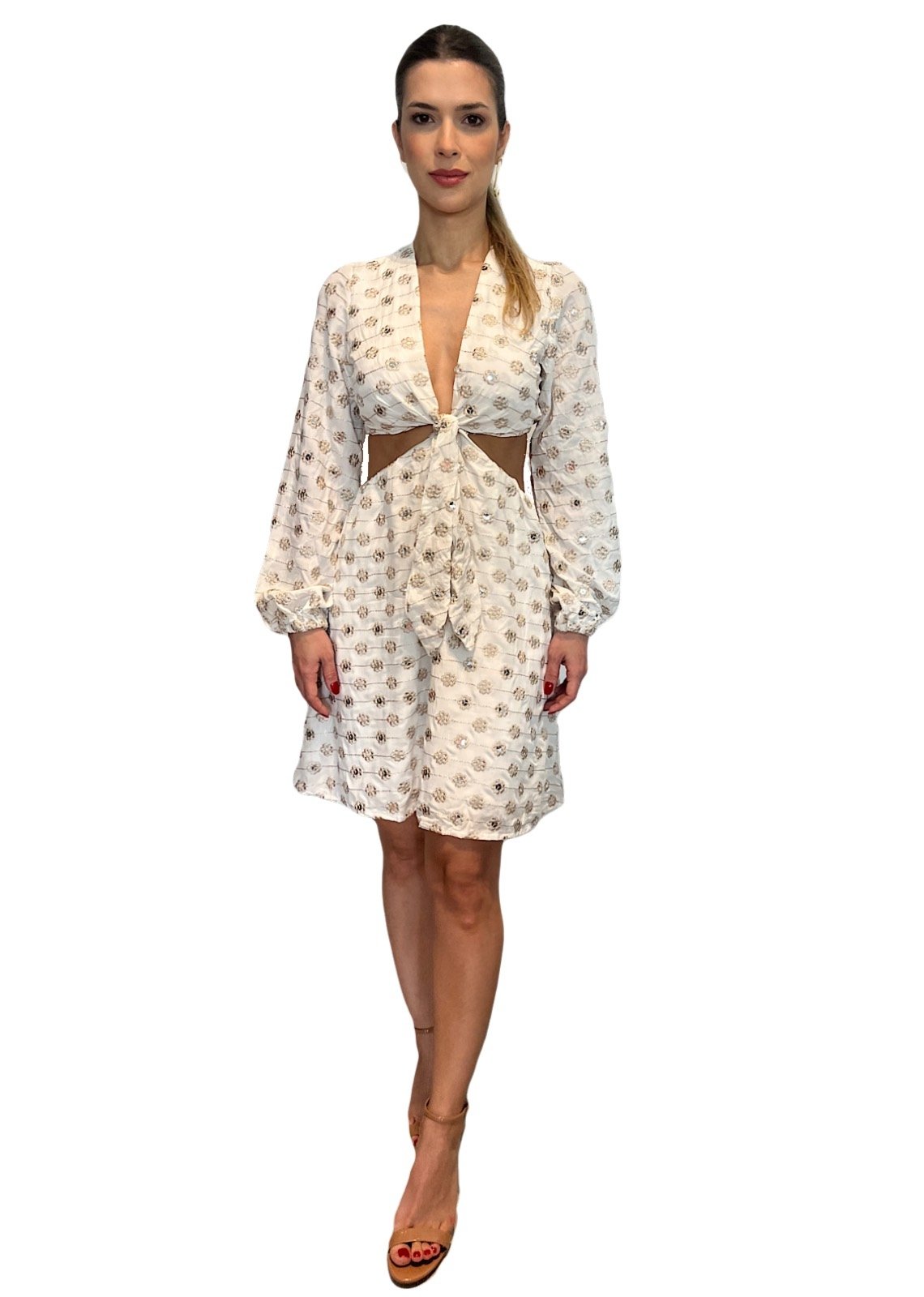 Vestido Miesse Glam Festa Bege Dourado