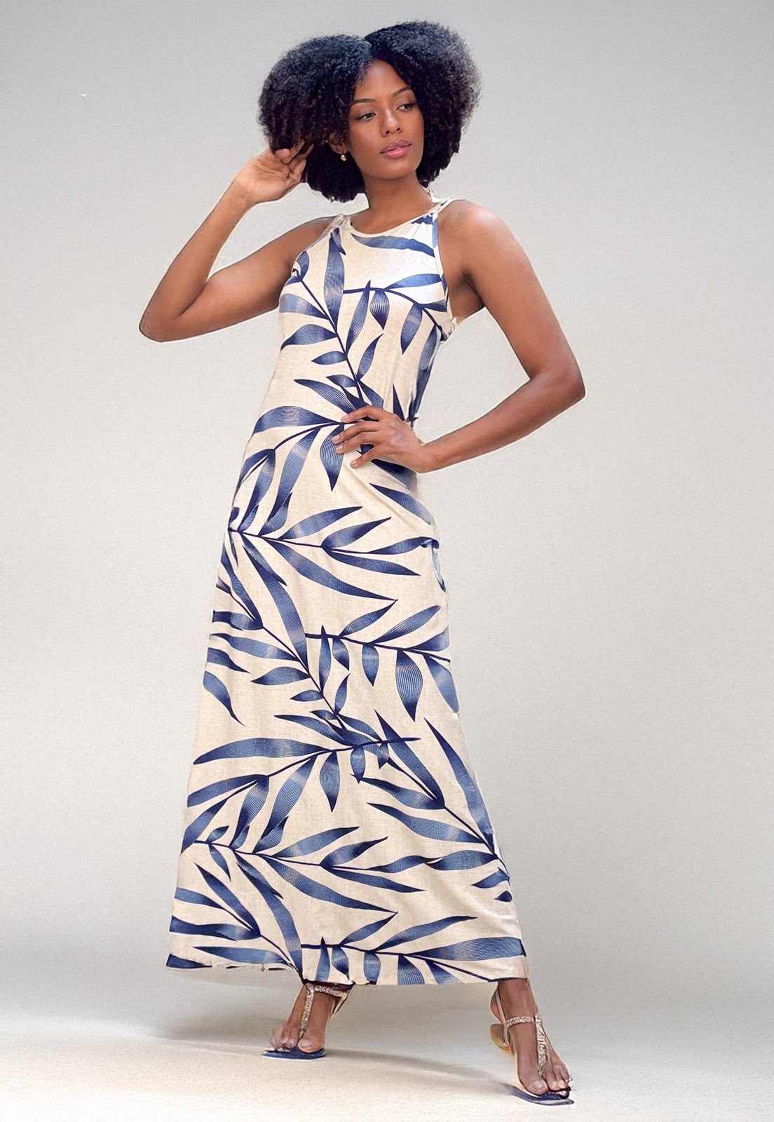 Vestido Longo Amazonia Vital Jennifer Malha Trapézio com Bolso Bambu Azul