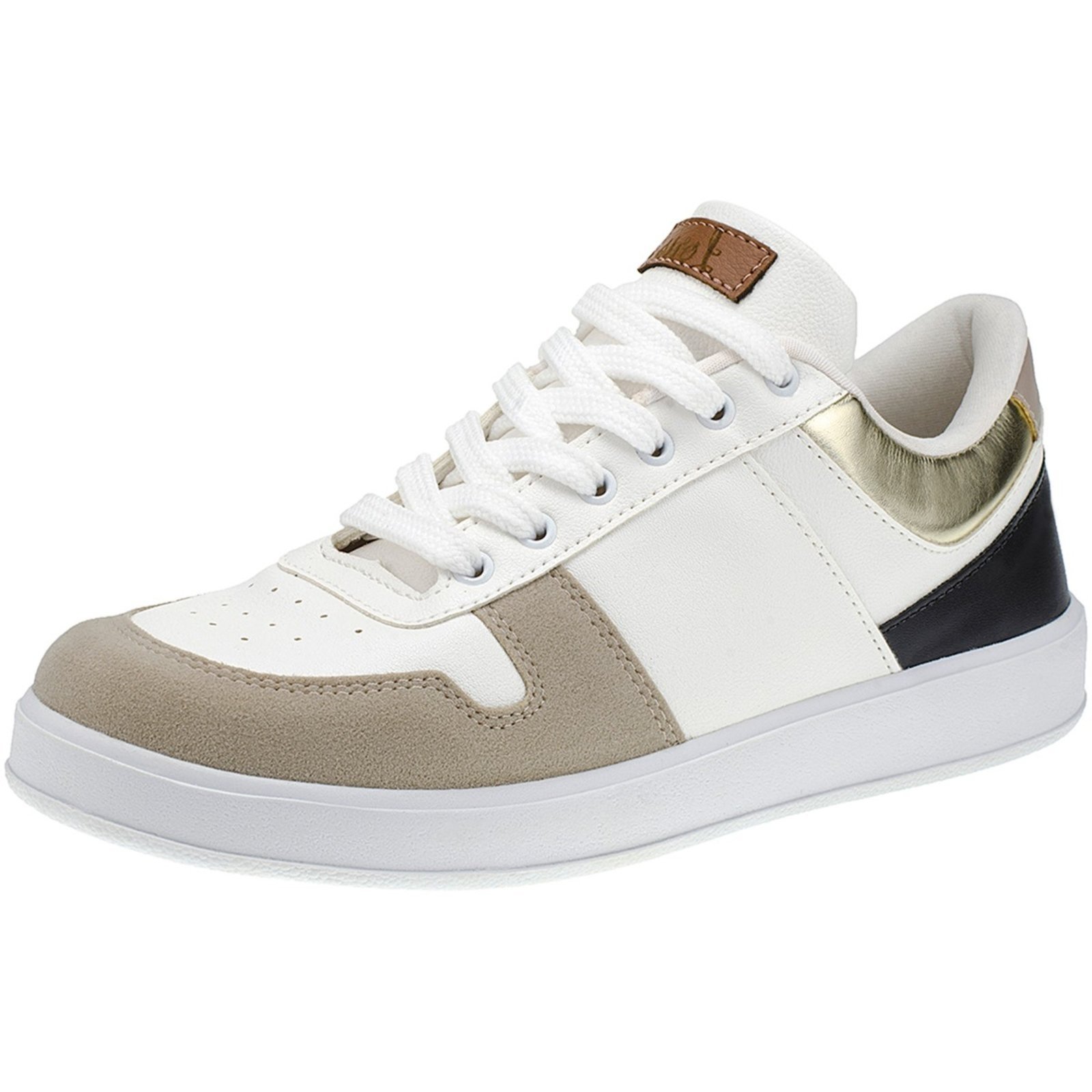 Tênis Branco Feminino Casual com Recortes Clássico Retrô Neutro Plataforma Retrocore 7802 Branco com Preto, Ouro, Bege