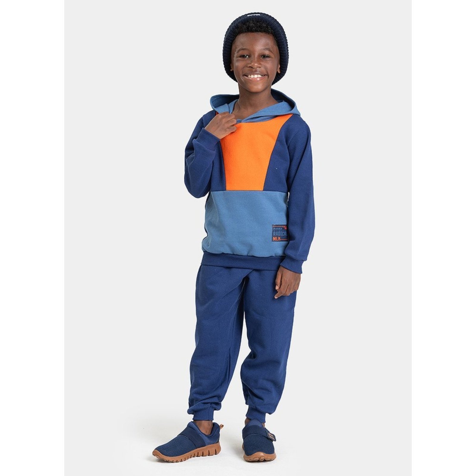 Infantil - Conjunto Inverno Menino Marinho Blusão Recortes com Capuz e Calça com Cadarço em Moletom