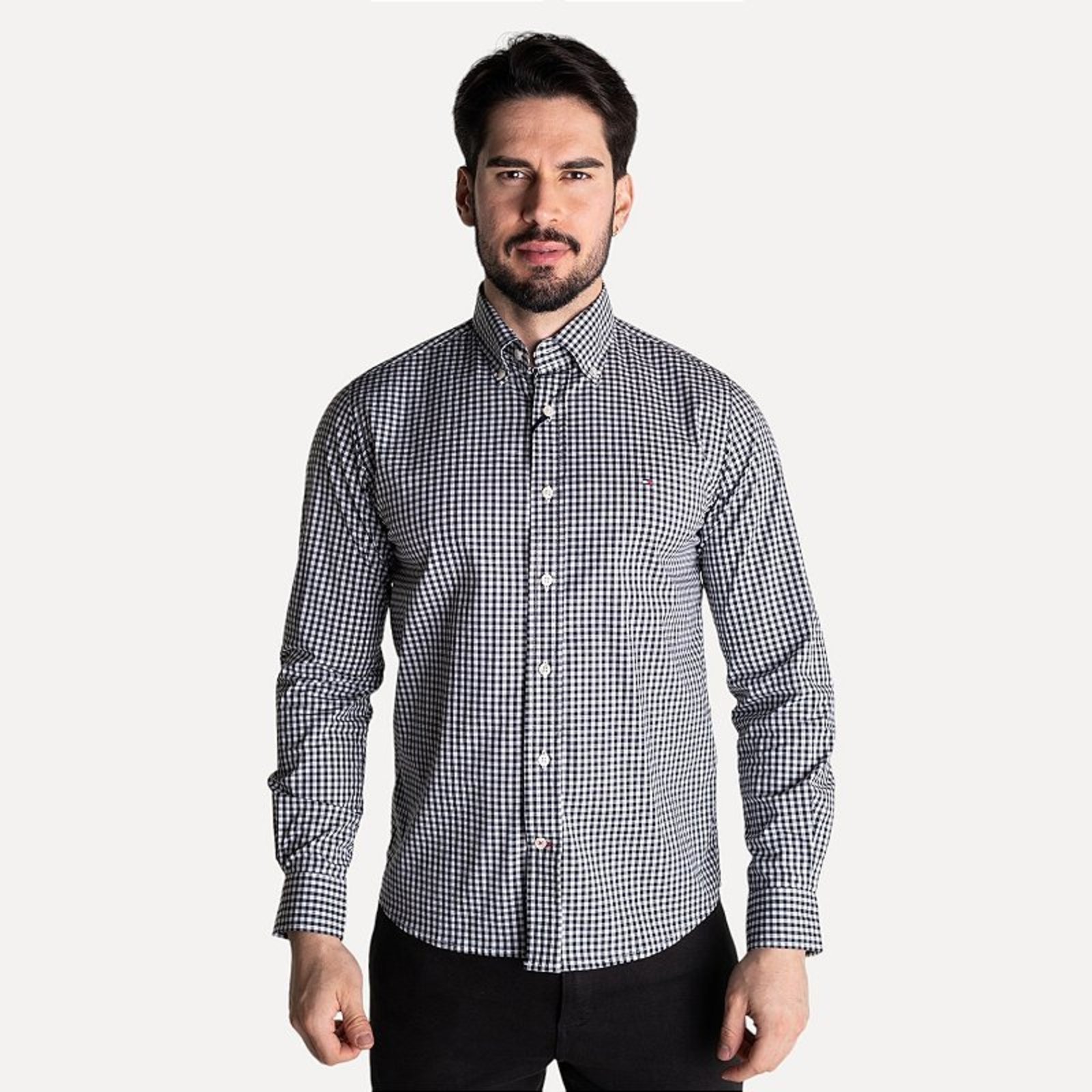 Camisa Tommy Hilfiger Xadrez Custom Fit Preta