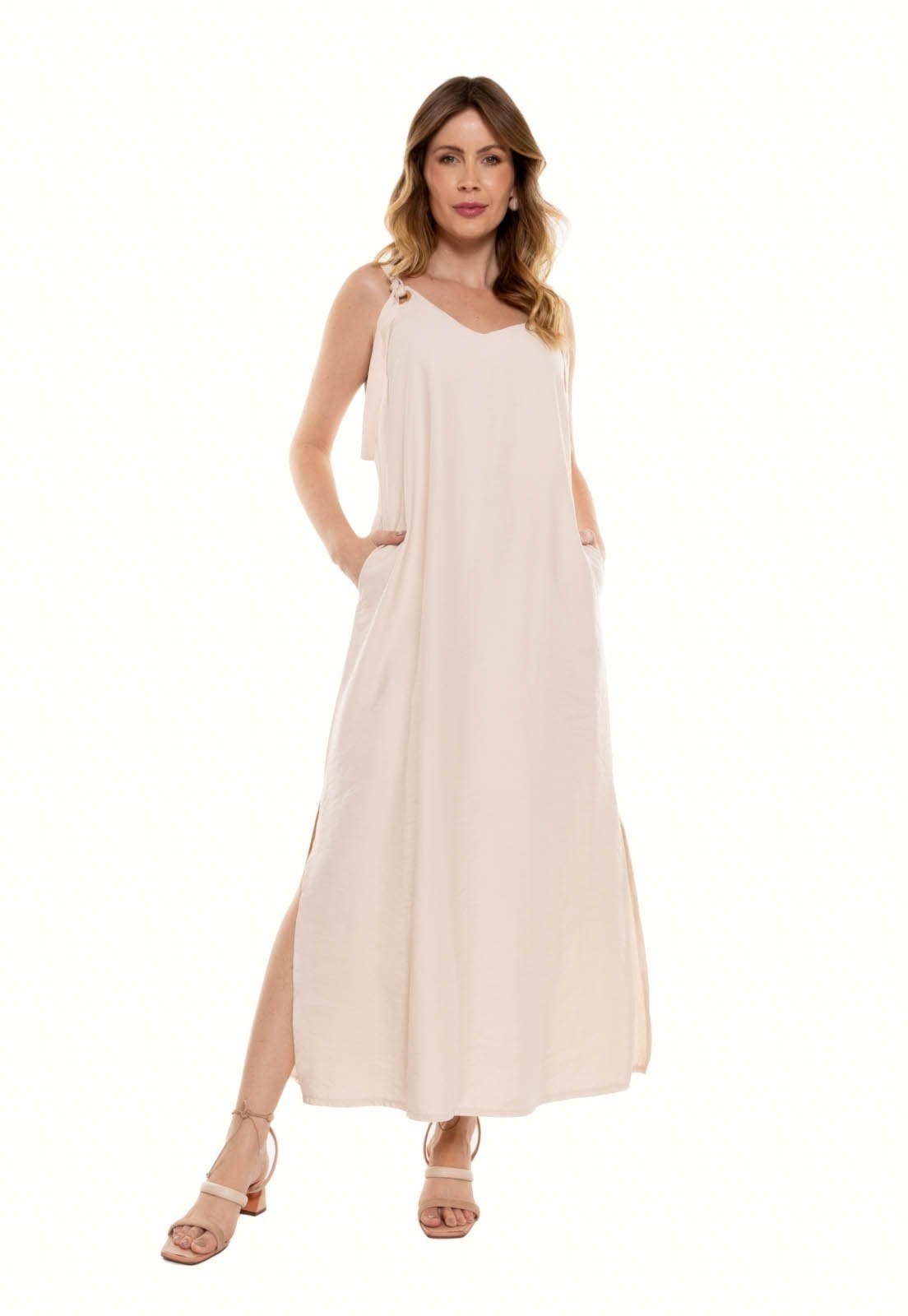 Vestido Bisô Longo Ilhós Liso Bege – Bege