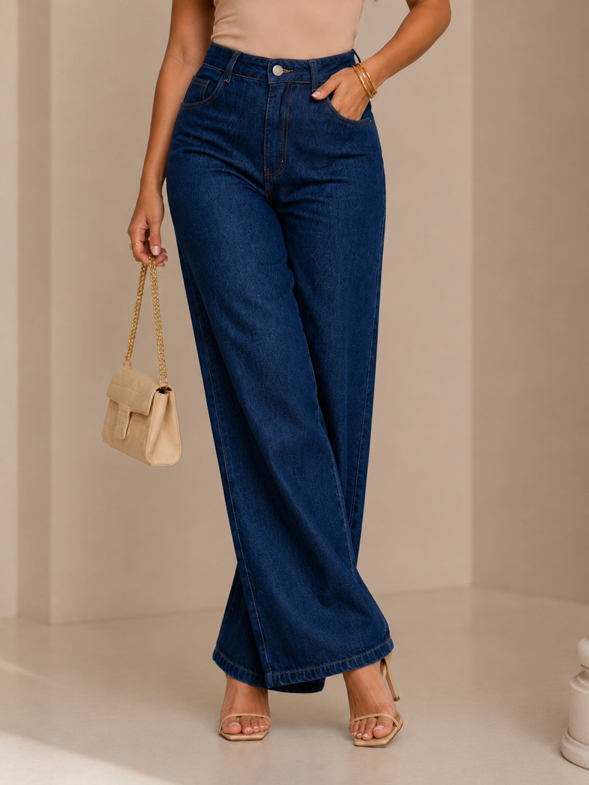 Calça Wide Leg Feminina Mys Jeans Escura Casual Elegante