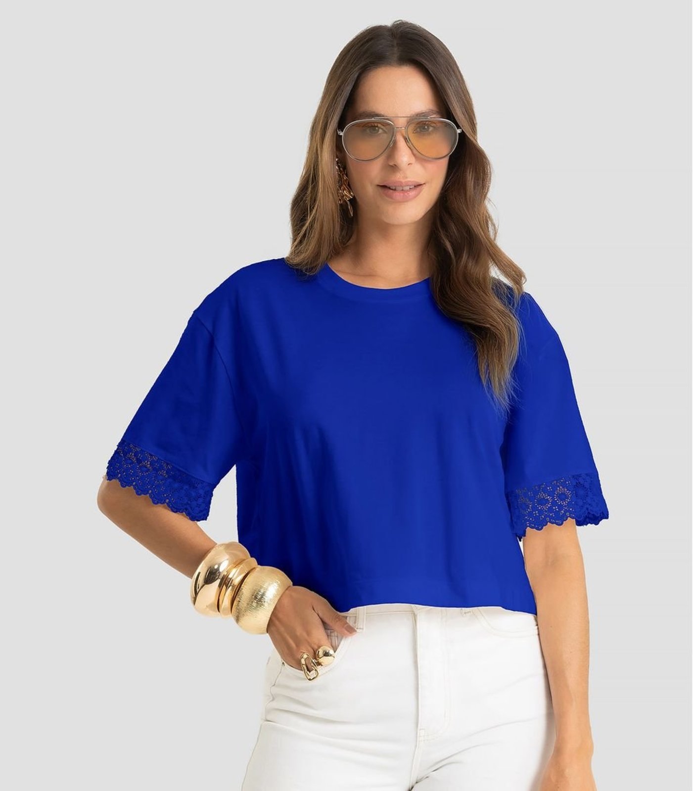 Blusa Feminina Meia Malha Renda Na Manga Dianna Azul