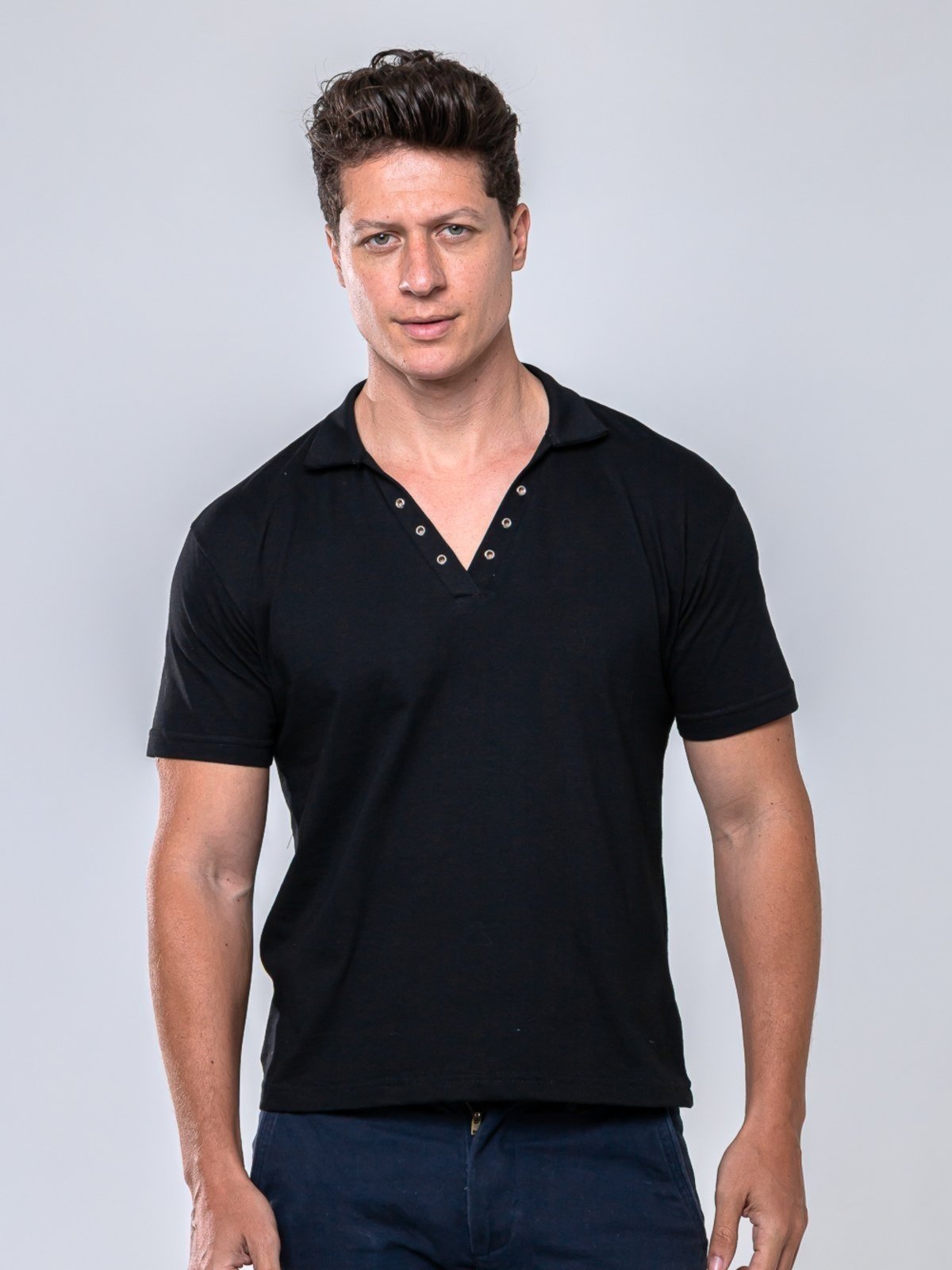 Camisa Camiseta Masculina GARAIS MODA Gola Polo em Algodão com Ilhós – Toque Moderno no Visual Clássico Preto