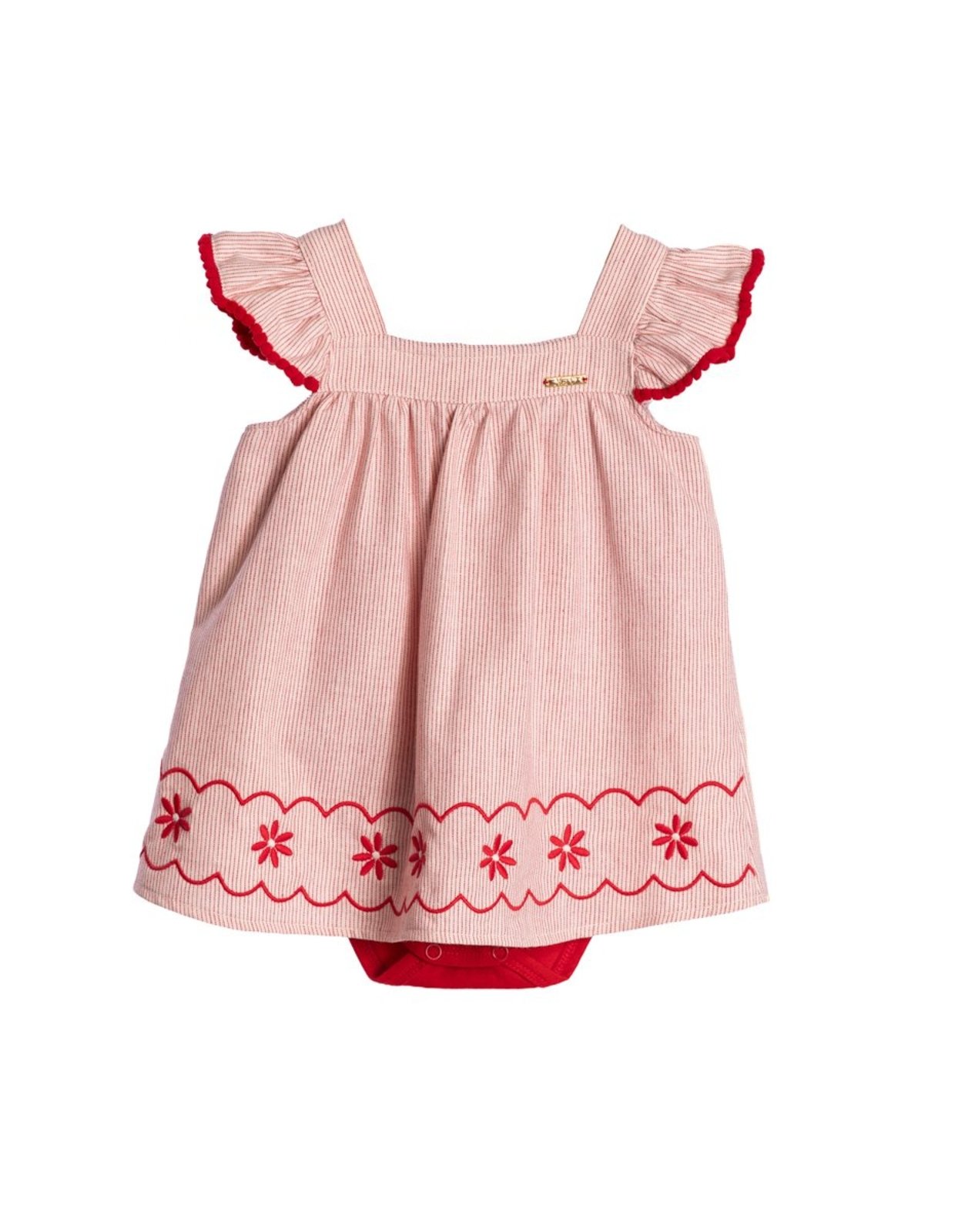 Infantil - Vestido tecido listrado vermelho com body cotton vermelho