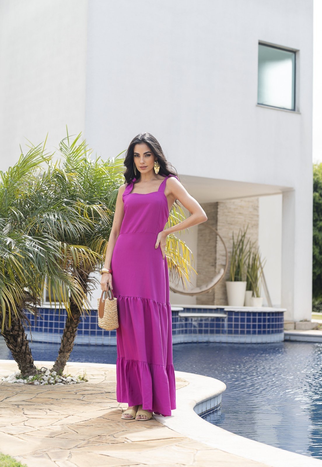 Vestido Longo de Alça de Amarrar Crorela Fúcsia