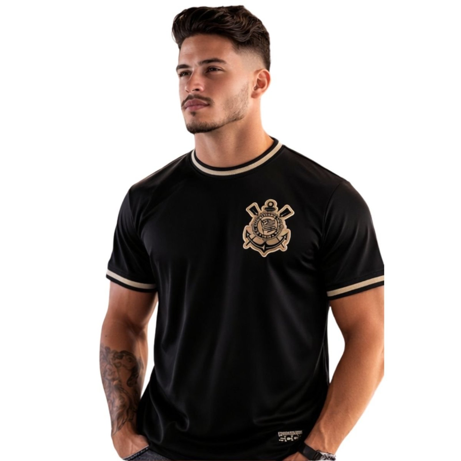 Camisa Corinthians Classic Masculino Gola e Punho Retilíneo Preto