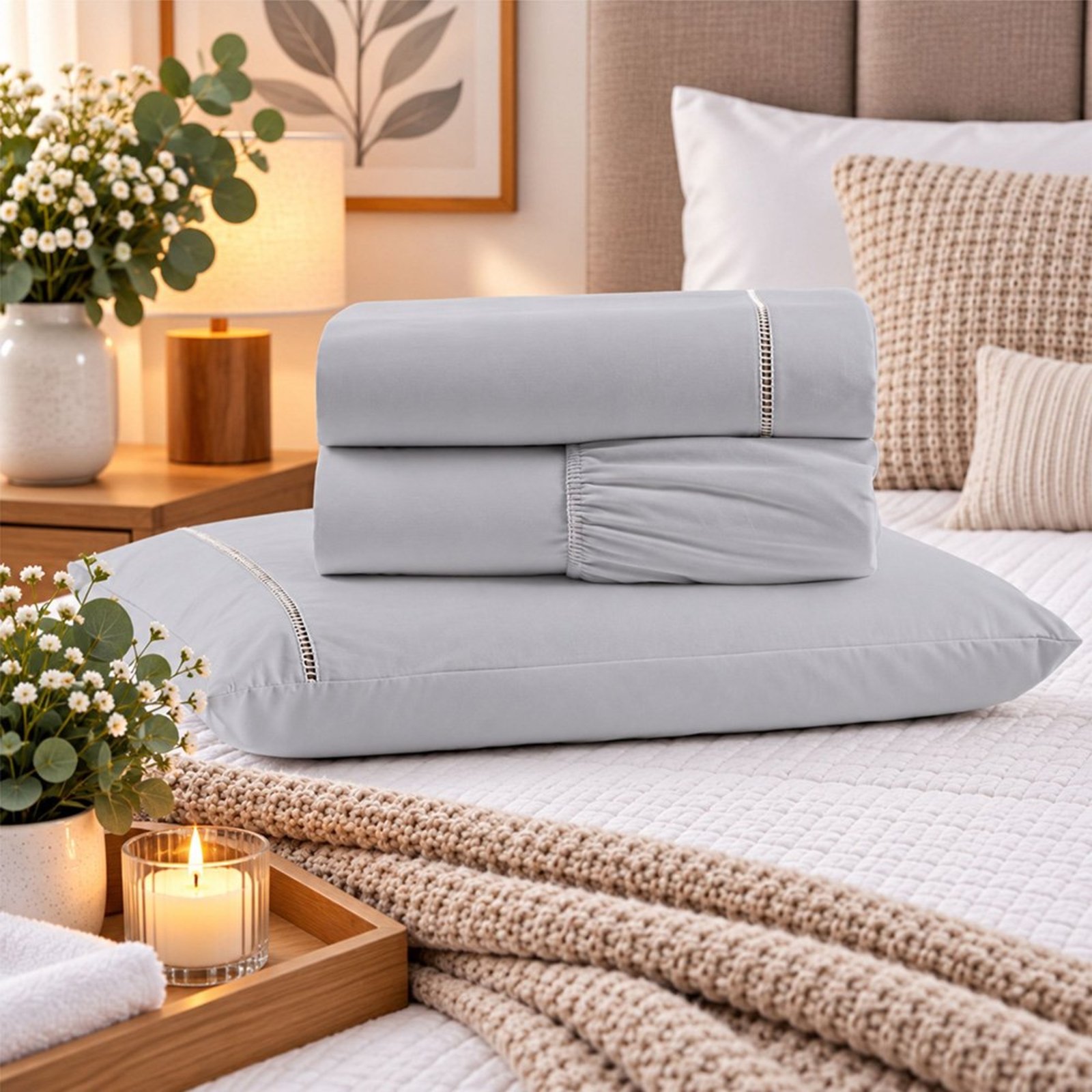 Jogo de Cama Lençol Solteiro Pluma Percal 180 Fios 3 Peças 100% Algodão - Cinza