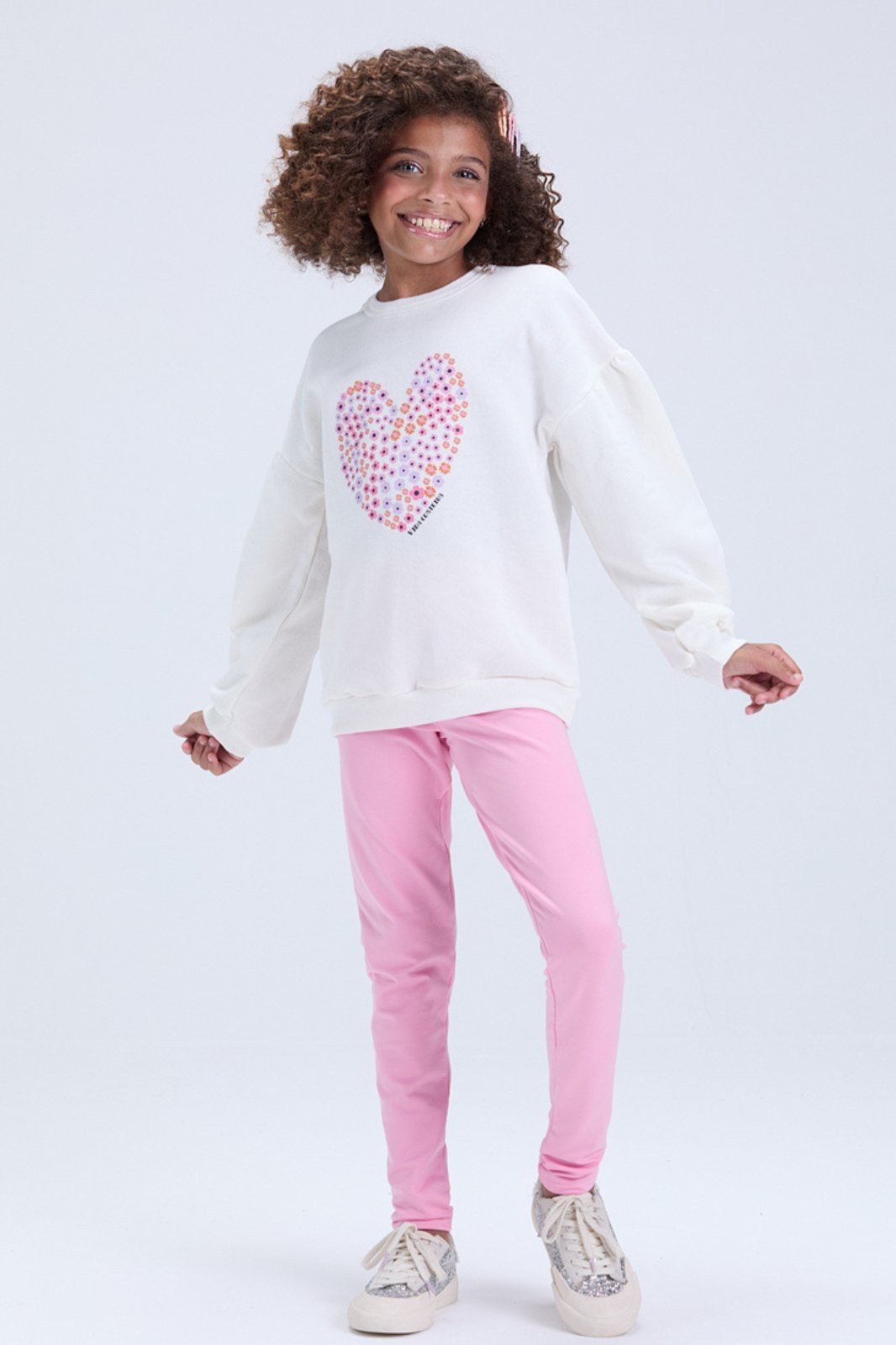 Infantil - Conjunto de Inverno Feminino Moletom com Manga Bufante e Coração