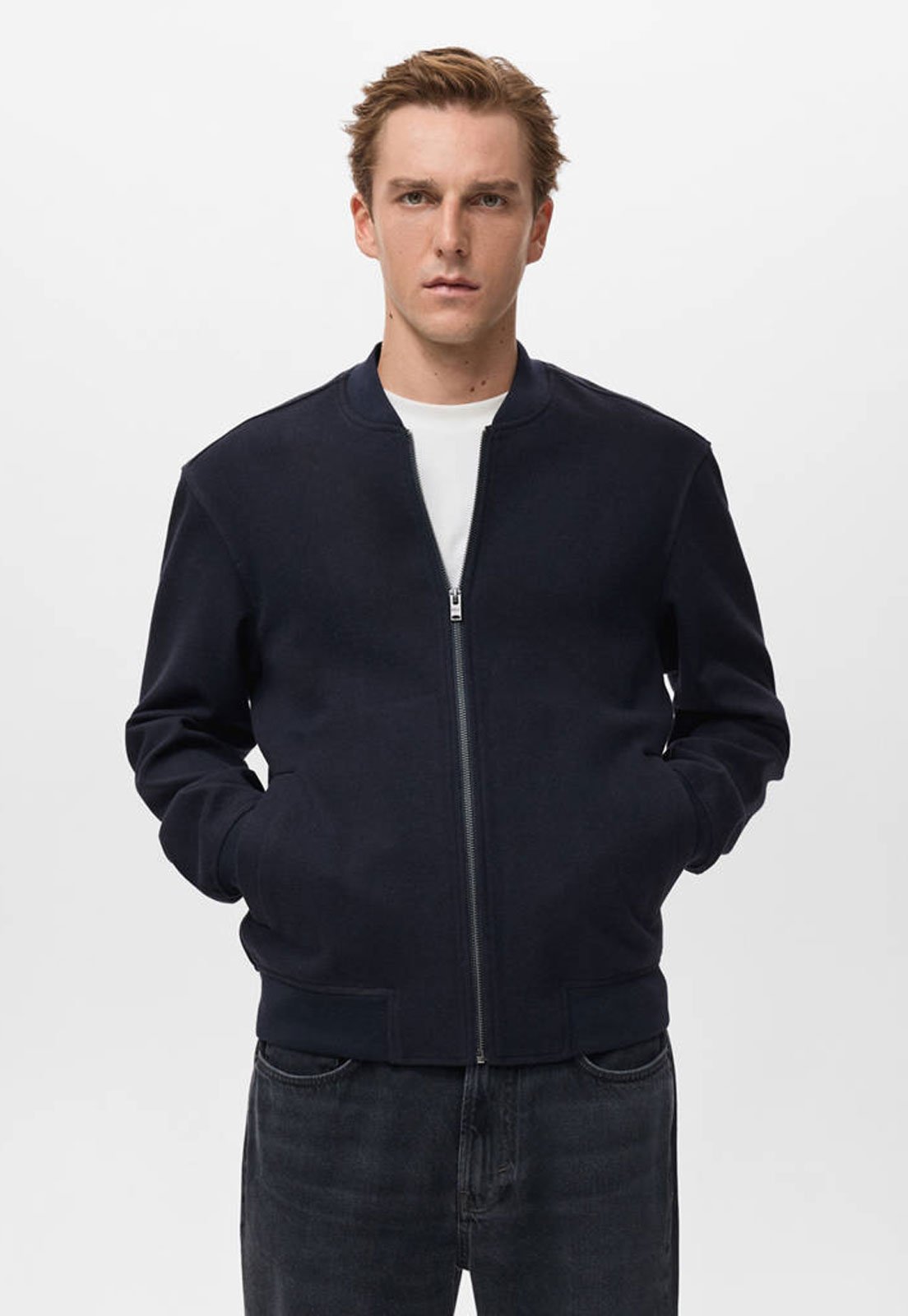 Jaqueta Masculina Mango Zíper Frontal Azul-Marinho