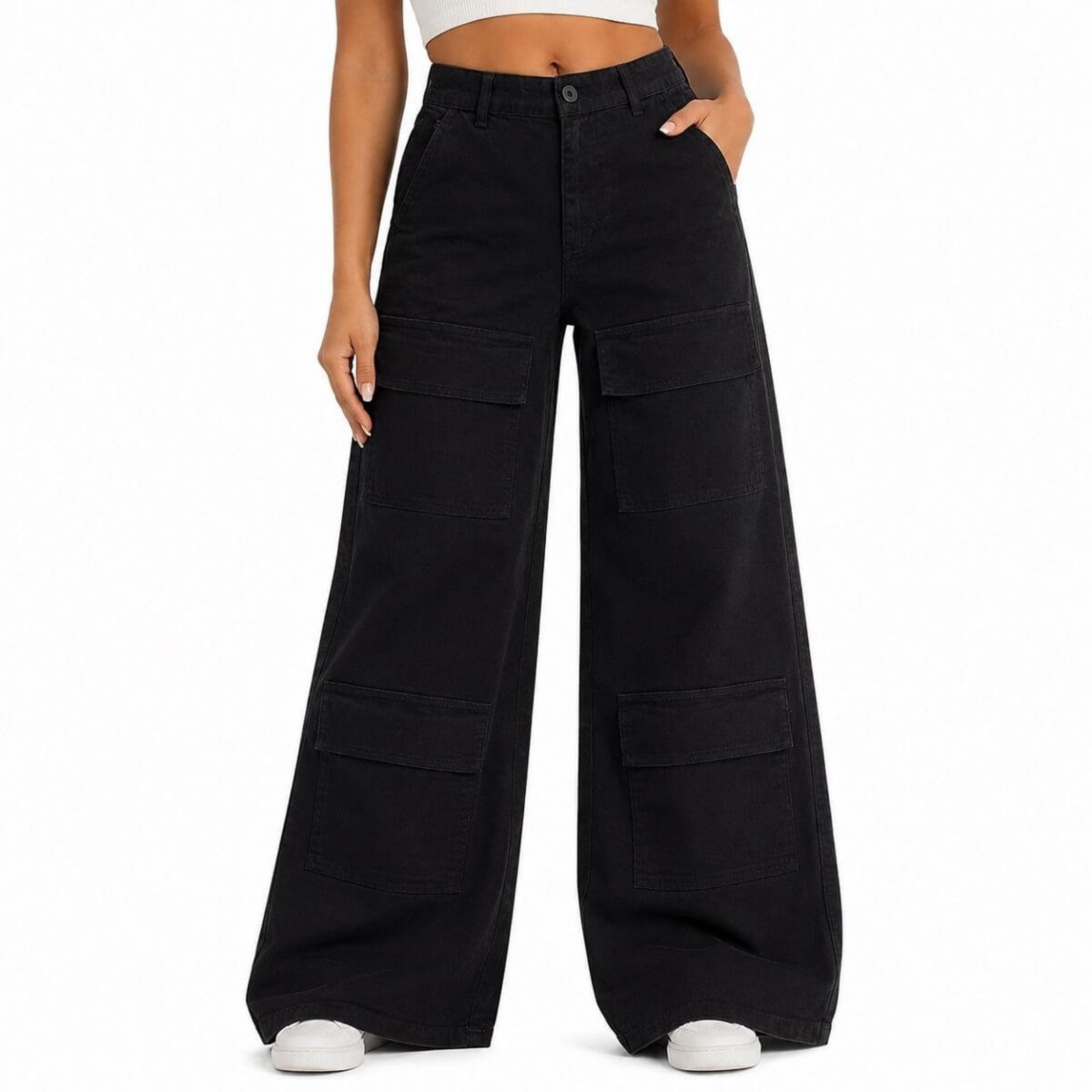 Calça Feminina Casual Wide Leg Cargo Max Denim 7002 Preta