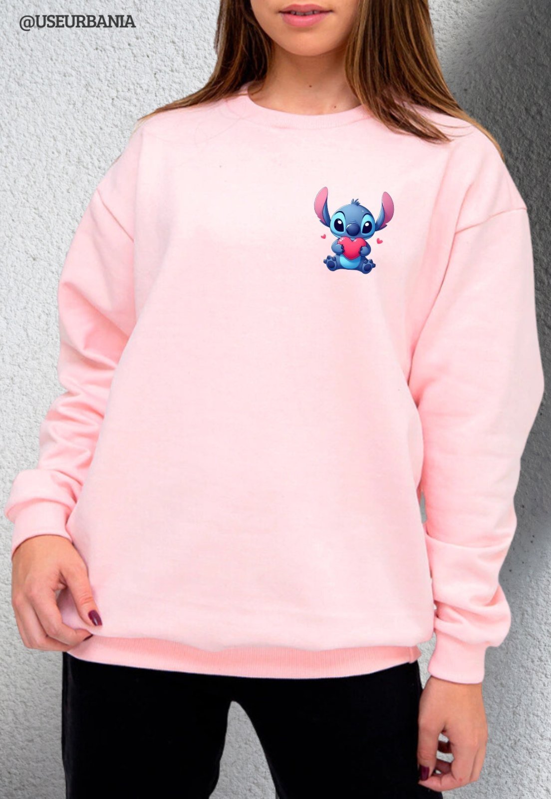 Blusa de Frio Moletom mooboo Flanelado Estampado Gola Redonda Moleton urbania Clássico Gola Careca Casaco Blusão Premium Rosa claro mescla Estampa Stitch coração