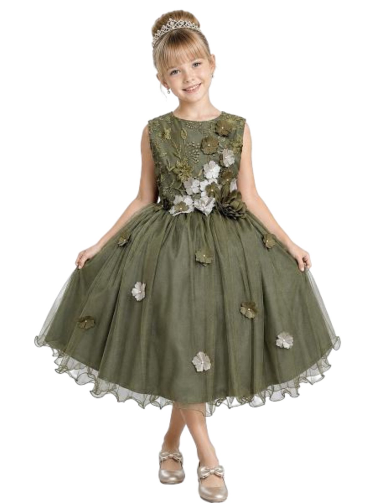 Infantil - Vestido Menina Juvenil Festa Verde Olivia Formatura Casamento Dama Florista Daminha Aniversário Luxo Flores Renda Rodado Social Juvenil