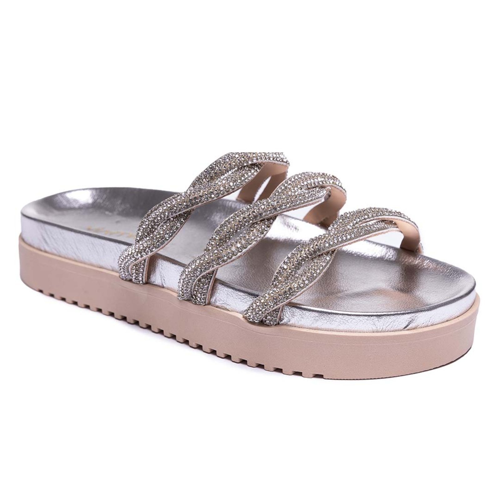 Papete Via Miss Strass Flatform Conforto Anatômica Slide Prata