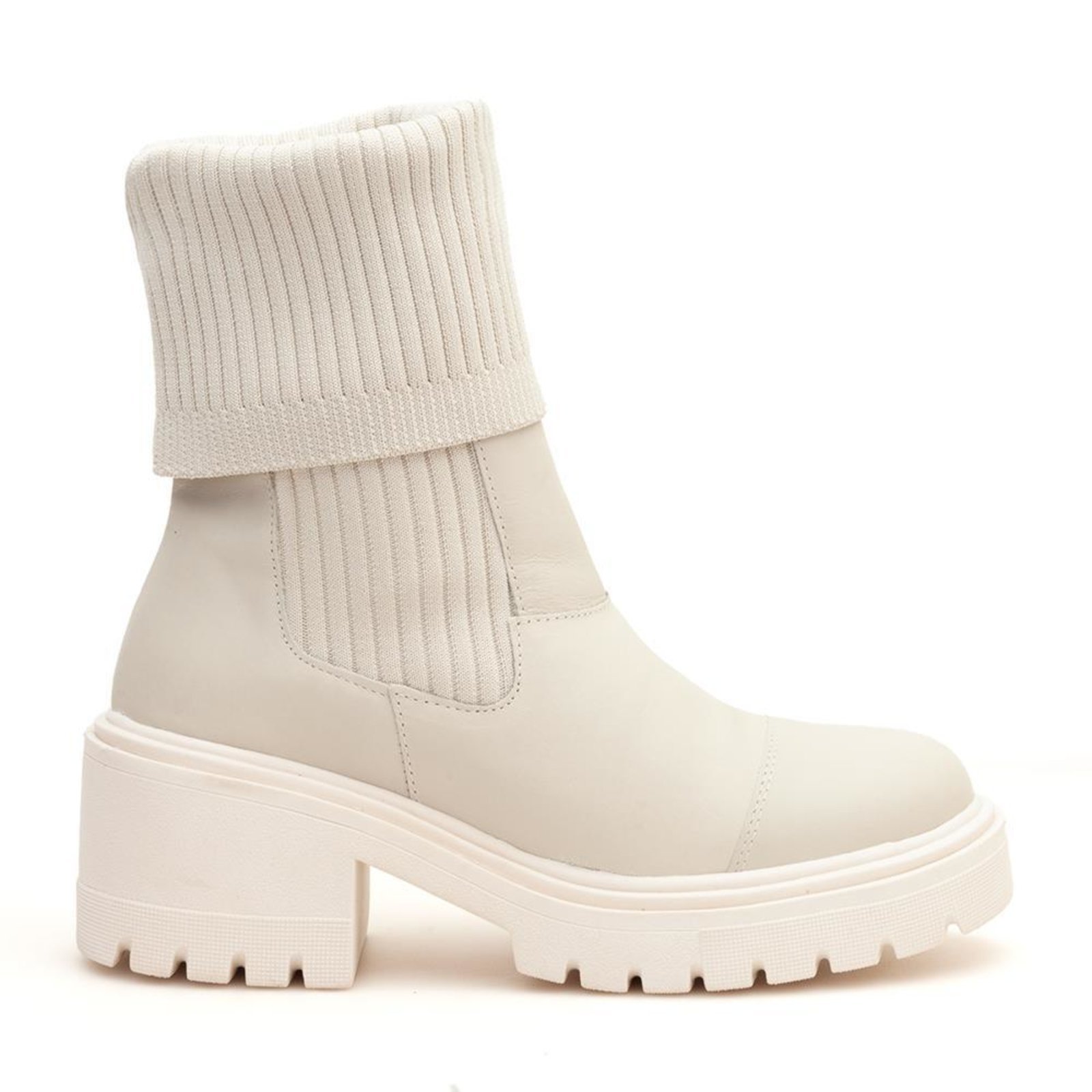 Coturno Feminino Couro Meia Tratorado Calce Fácil Casual Off White 34 Off-white