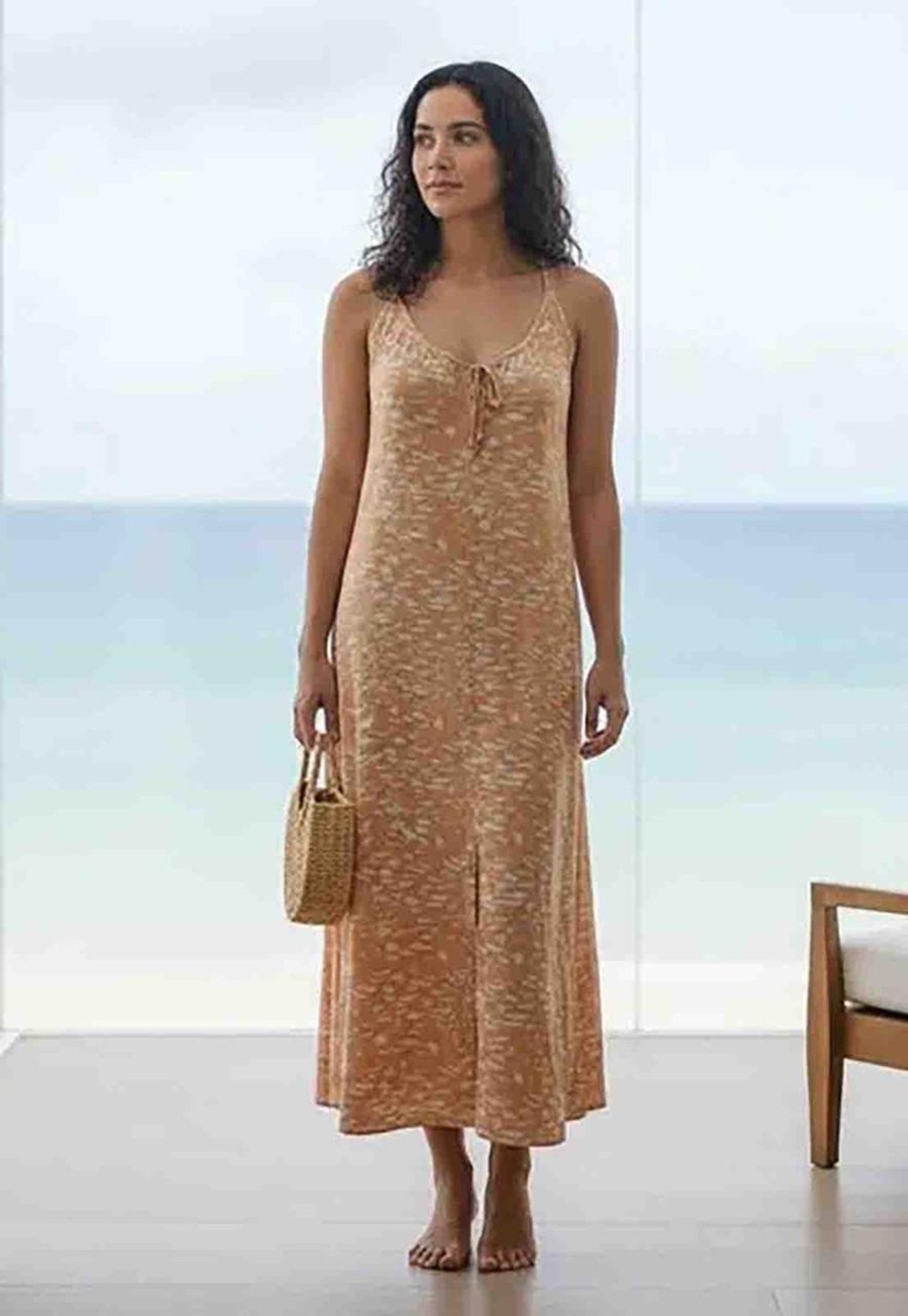 Vista 3 Vestido Longo Amazonia Vital Plano Estampa Dunas Do Nordeste bege/estampado Amazonia Vital bege/estampado