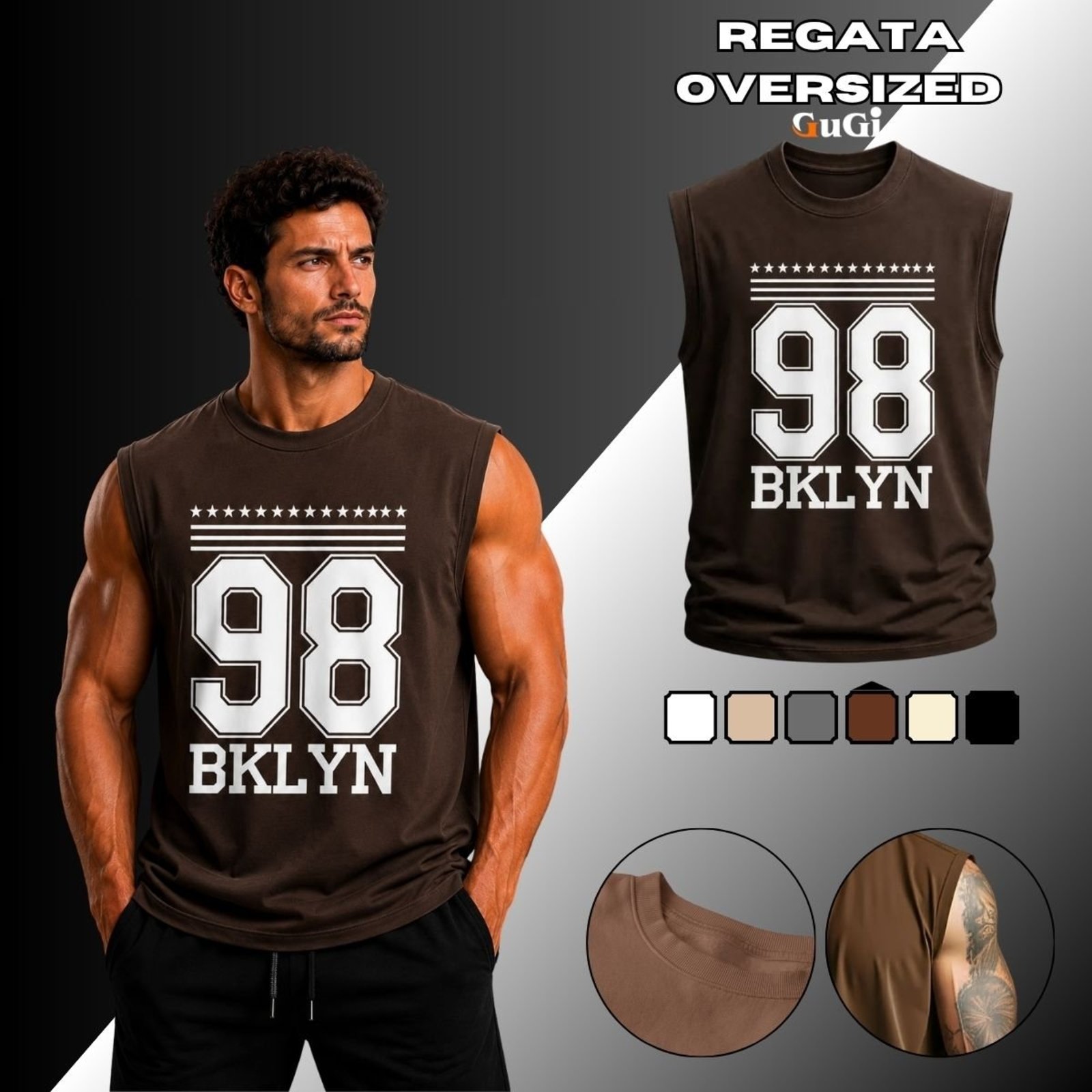 Camiseta Regata Masculina Oversized Estampada 98 Brooklyn 100% Algodão Marrom