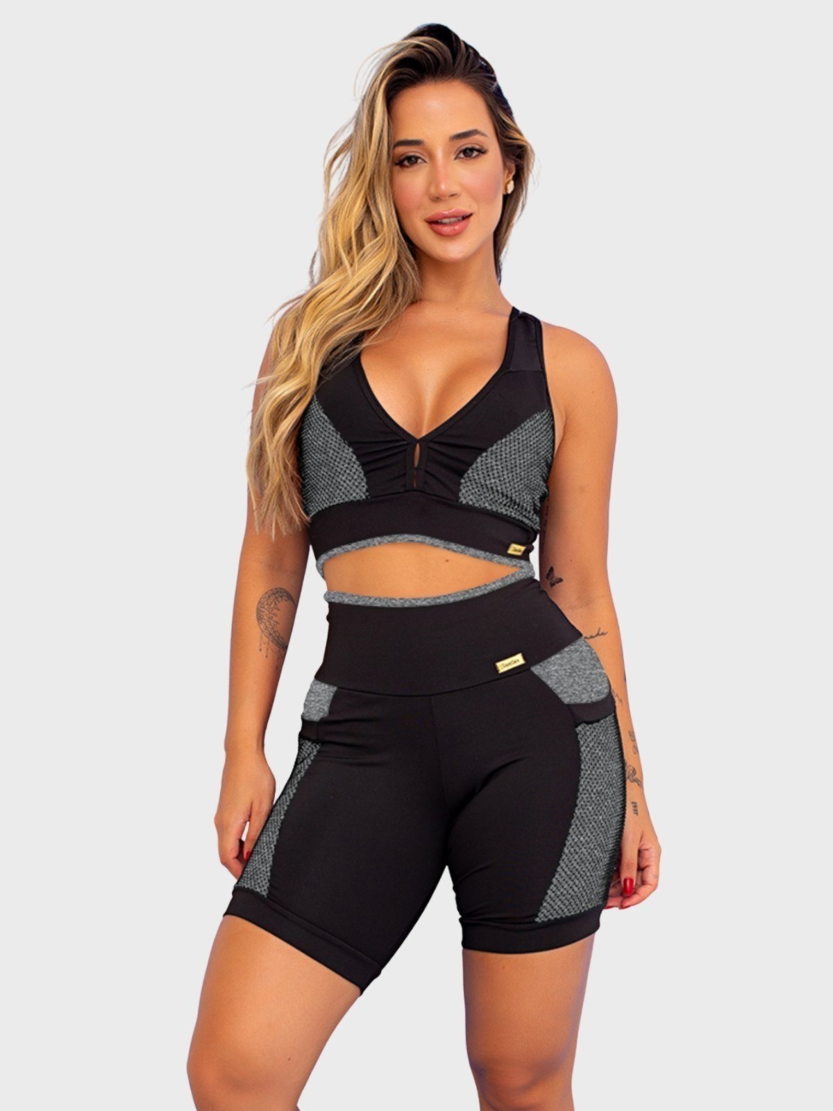 Conjunto Fitness Tarelles Top Short Bolso Tela Preto e Cinza
