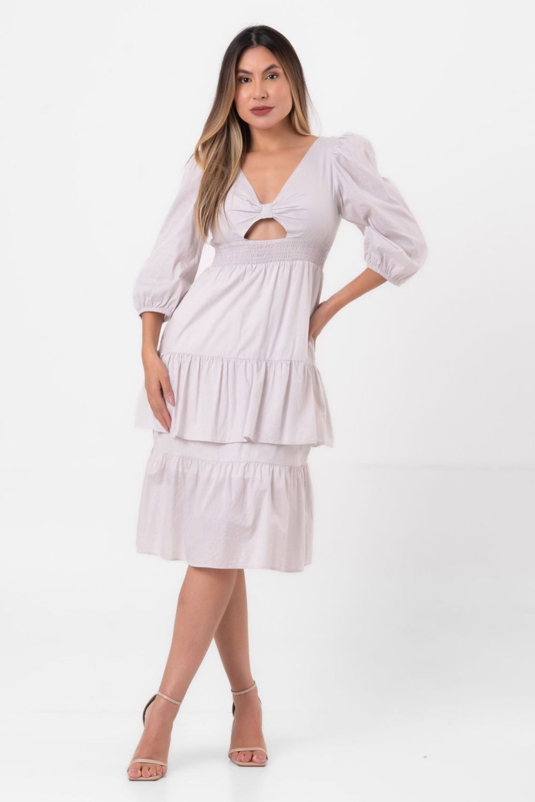 Vestido tricoline camadas cinza pequiá