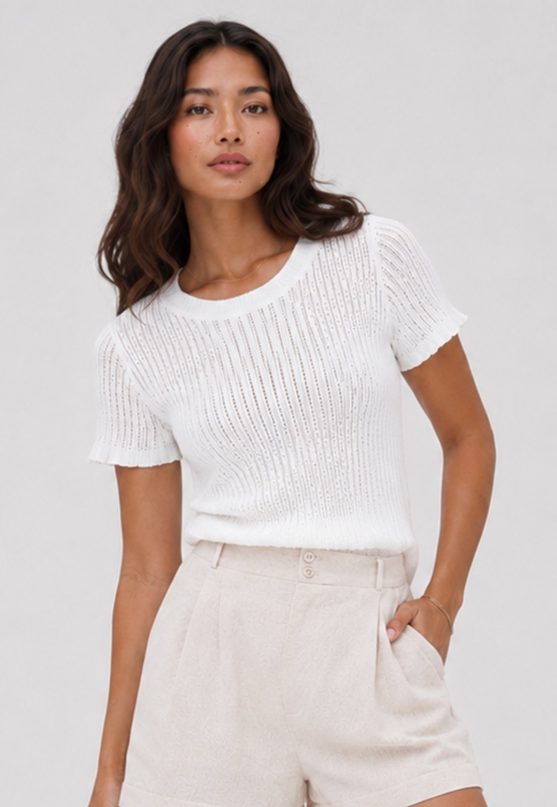 Blusa Tricot Fresh Canelado Manga Curta Salvatore Branca