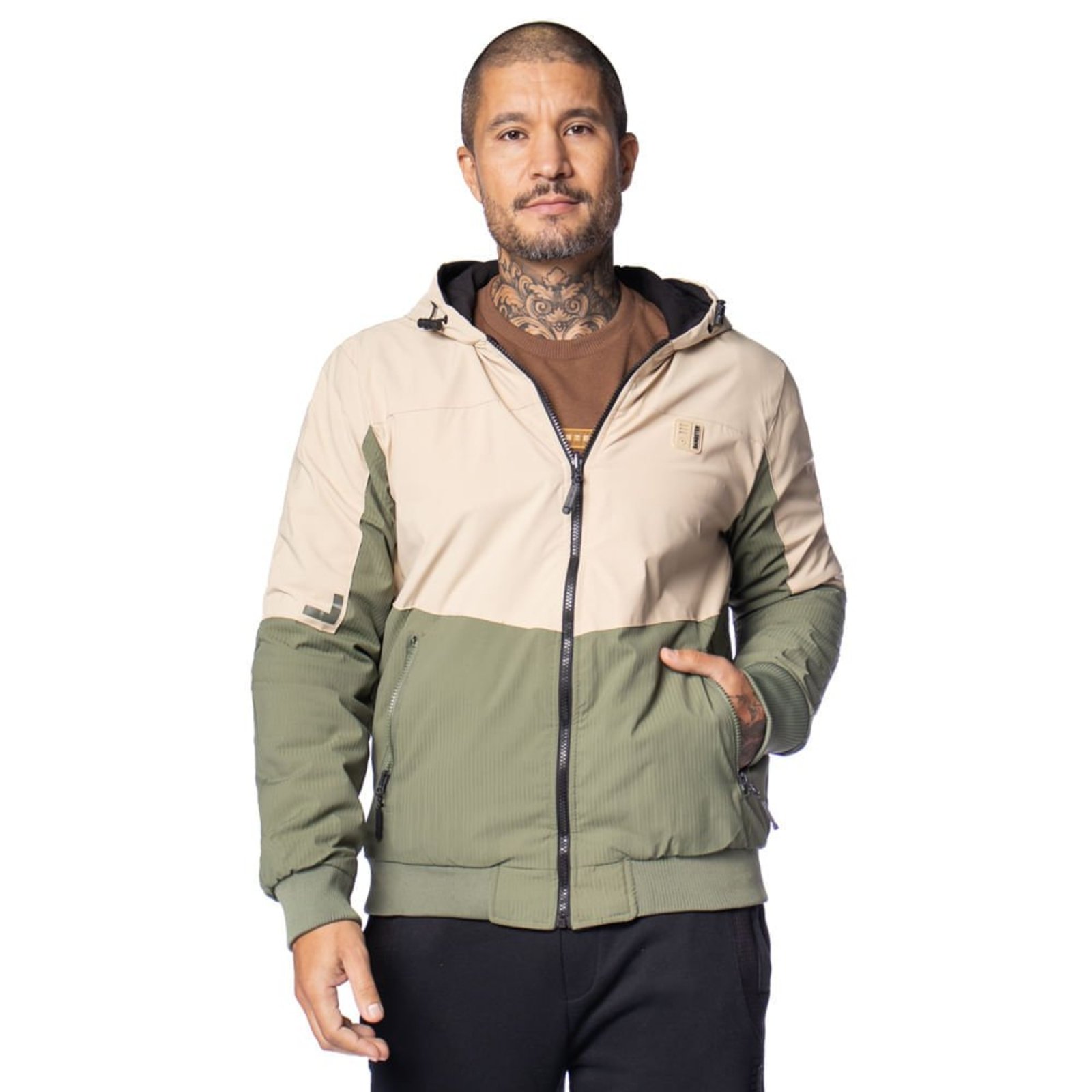 Jaqueta Masculina Gangster Dupla Face Recortes Bege/Verde