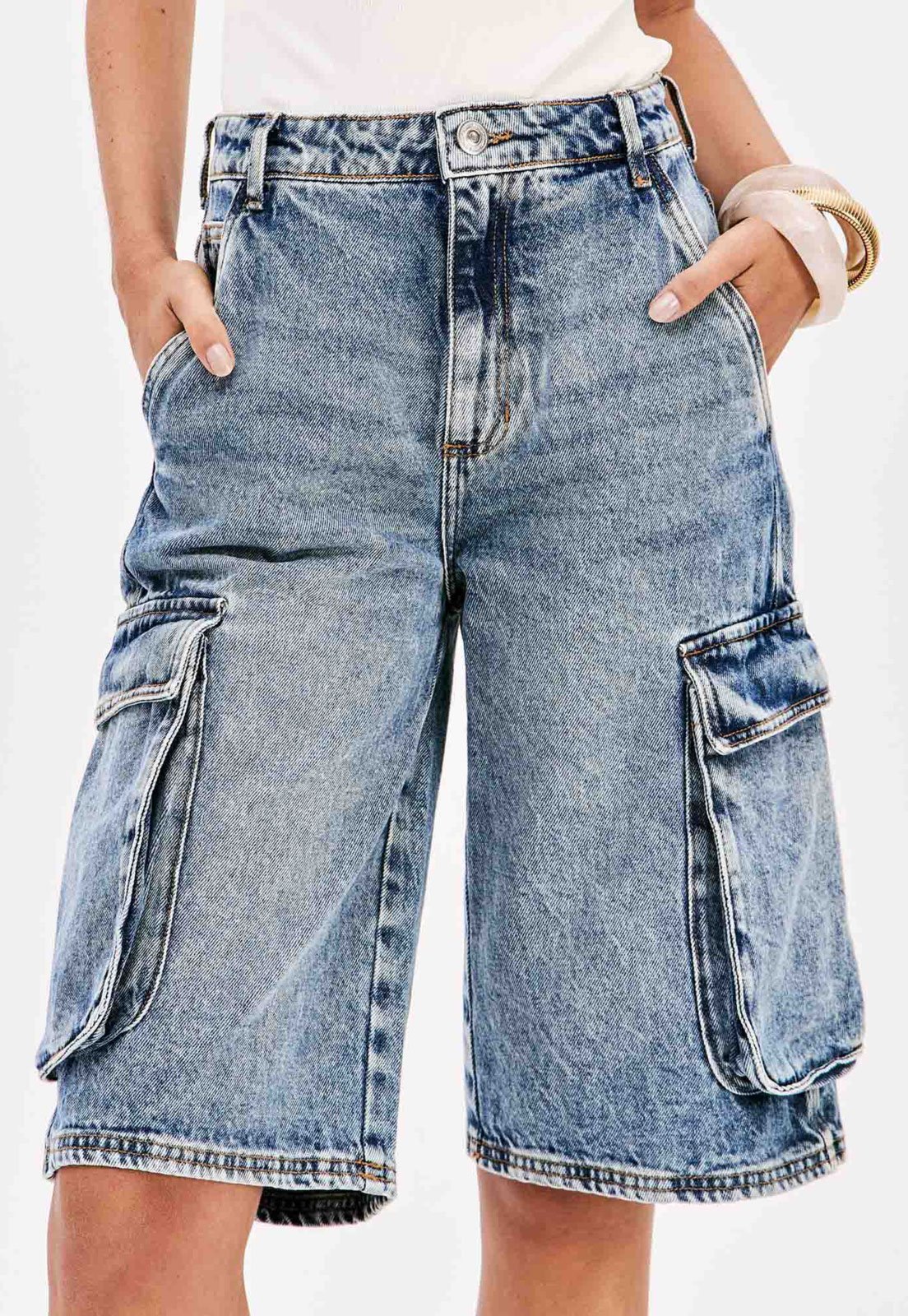 Bermuda Jeans My Favorite Reta Cargo Azul