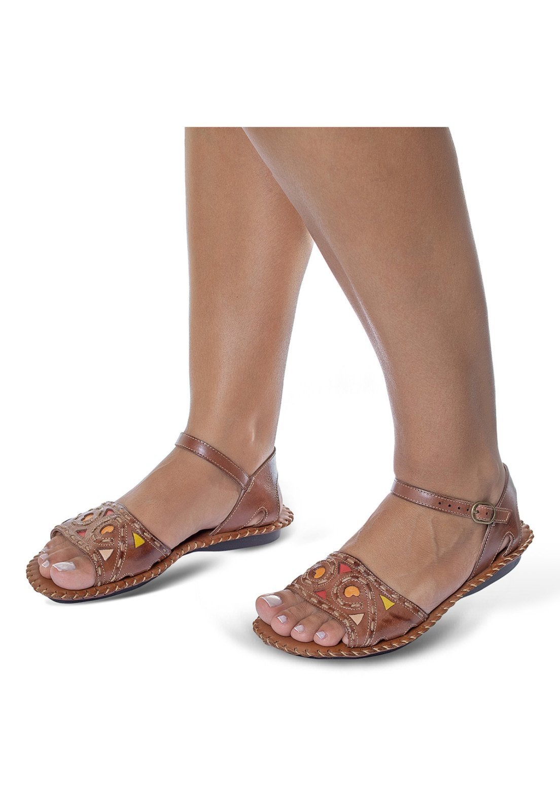 Rasteira feminina rasteirinha Flor D'Couro couro marrom conhaque 2149