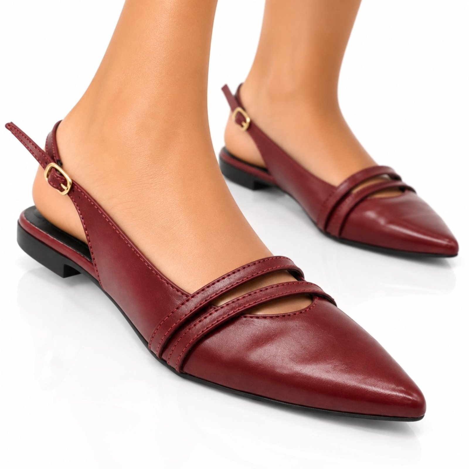 Sapatilha Slingback Rasteira Sete Sales Bico Fino com Tira Dupla Bordô Confortavel 184103