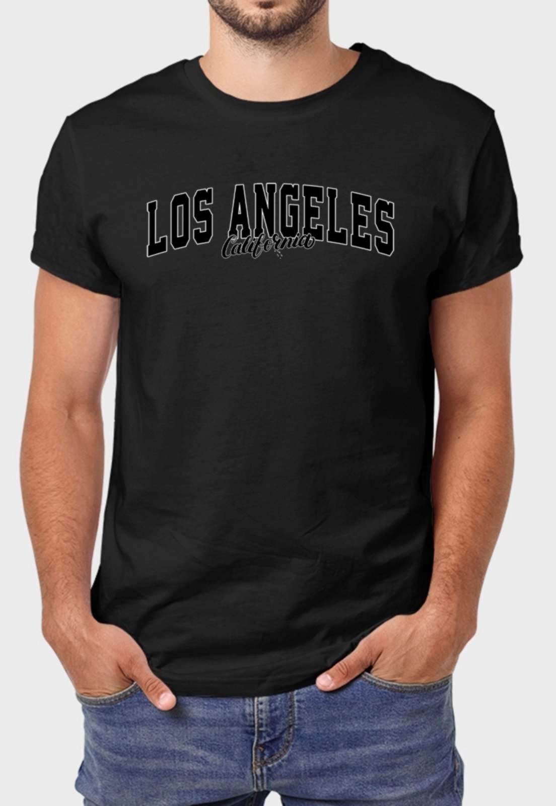 Vista 2 Camiseta Masculina Preta Los Angeles Algodão Premium Benellys preto Benellys preto
