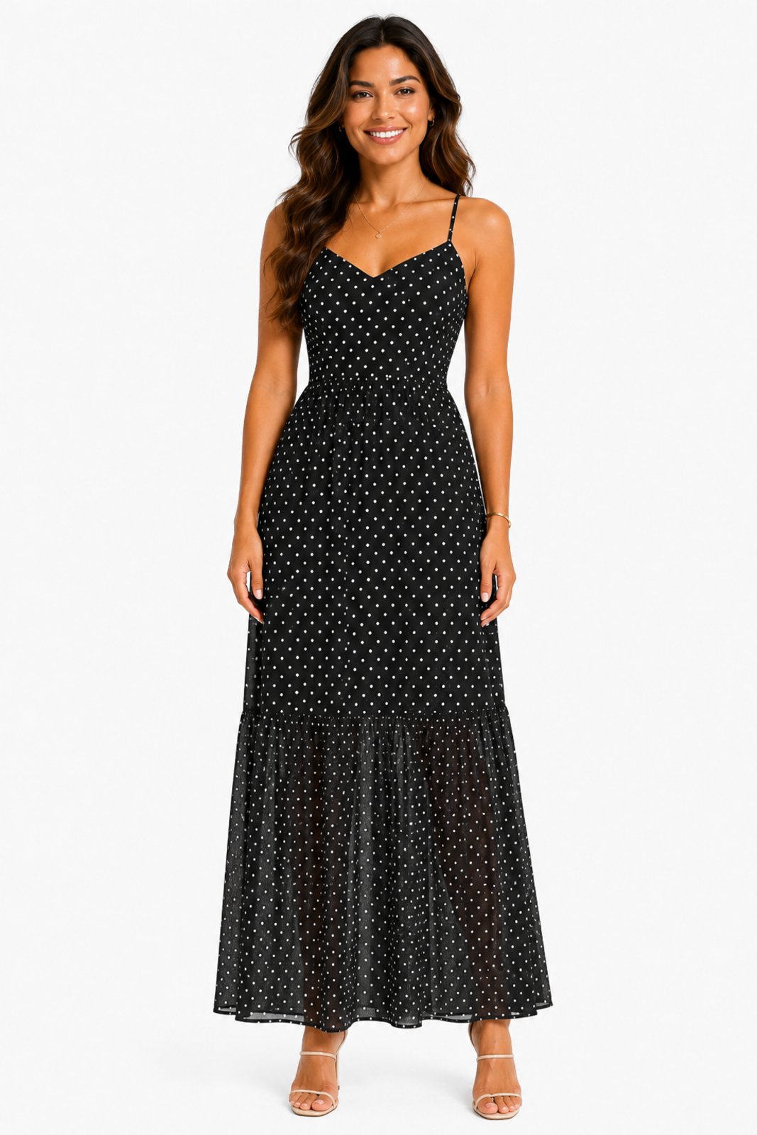 Vestido Longo D Bell Outlet Fashion De Tule Decote V Preto Com Bolinhas