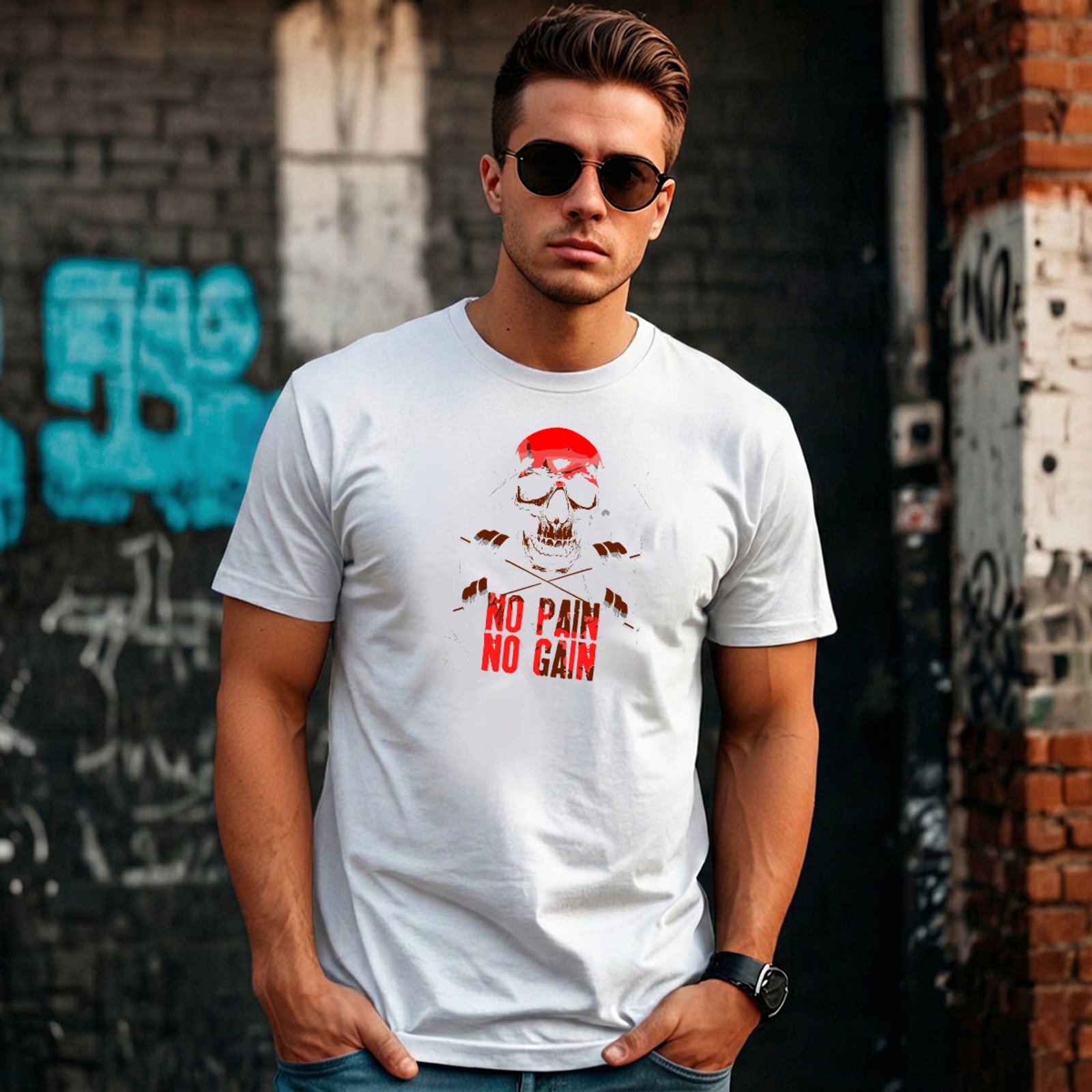 Camiseta Masculina Sartre Algodão Básica Branca Manga Curta Gola Redonda Estilo Versátil Conforto Macia Estampa Caveira No Pain No Gain
