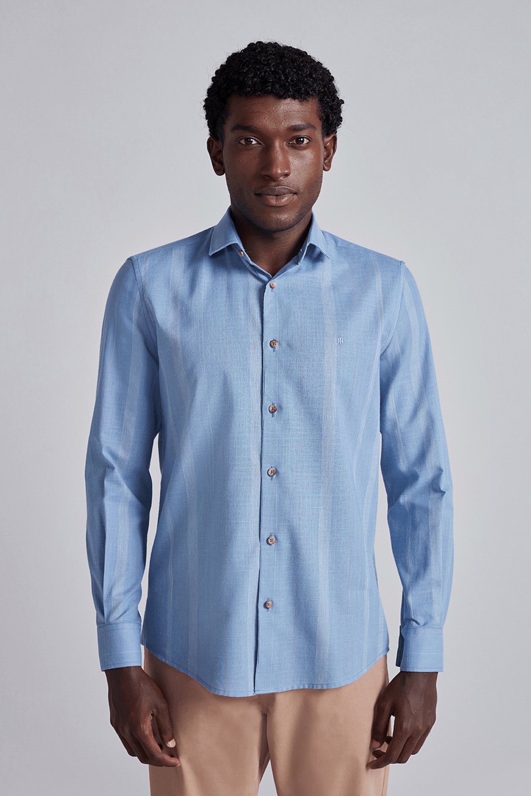 HIGHSTIL Camisa Slim Fit Listrada - Azul Médio