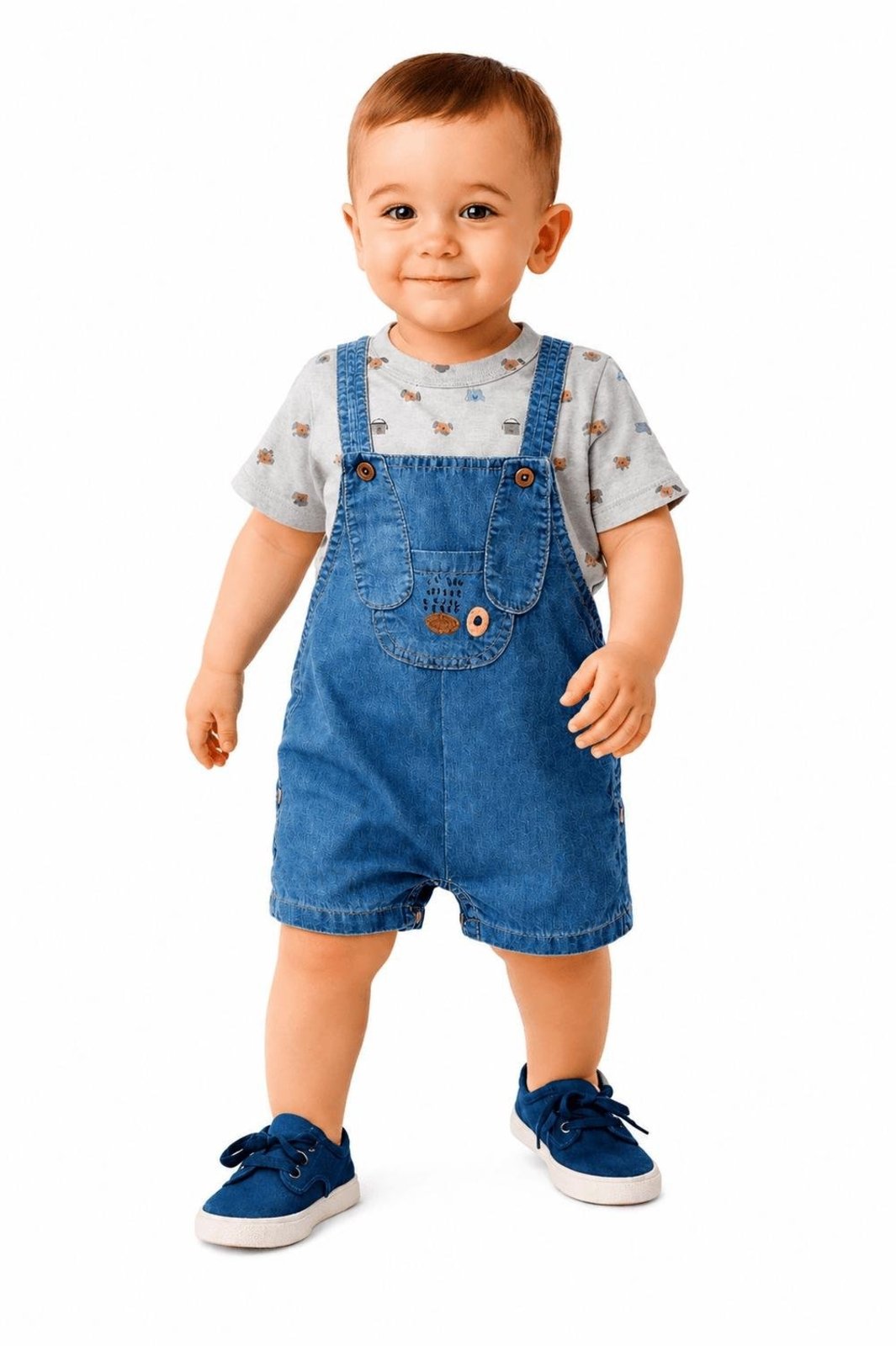Infantil - Jardineira Jeans Menino Amiguinho Esperto Alphabeto Azul