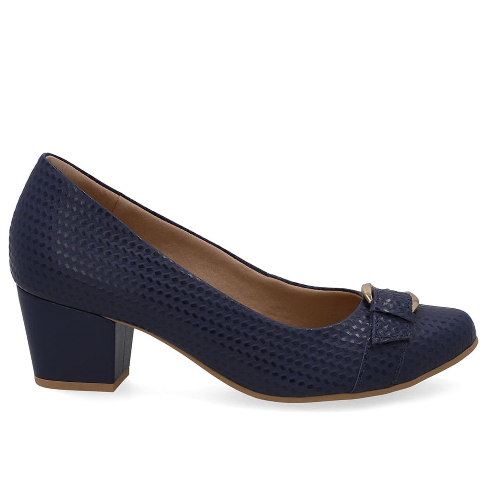 Scarpin Couro Azul Salto Bloco Com Textura Tressê