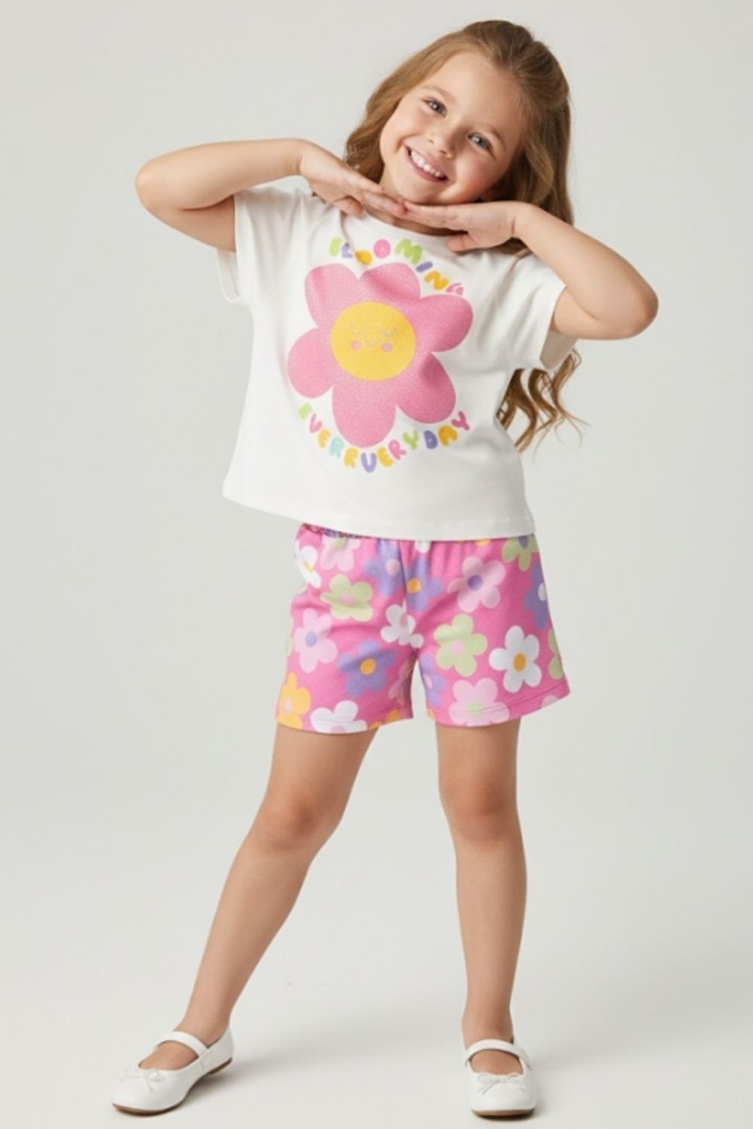 Infantil - Conjunto Bem Vestir Feminino Blusa Box e Shorts Flores