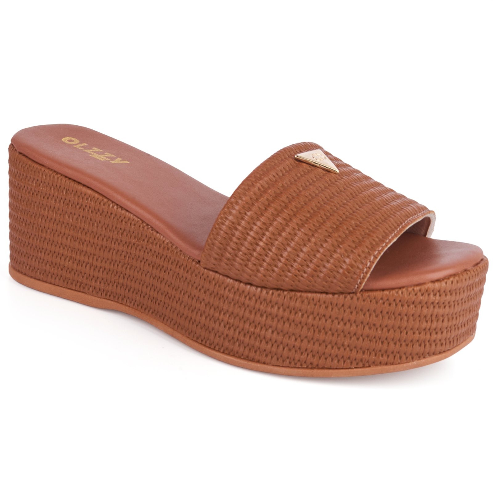 Tamanco Feminino Plataforma Sandália Flatform Detalhe Dourado Chinelo Confortável Original Olzzy Caramelo