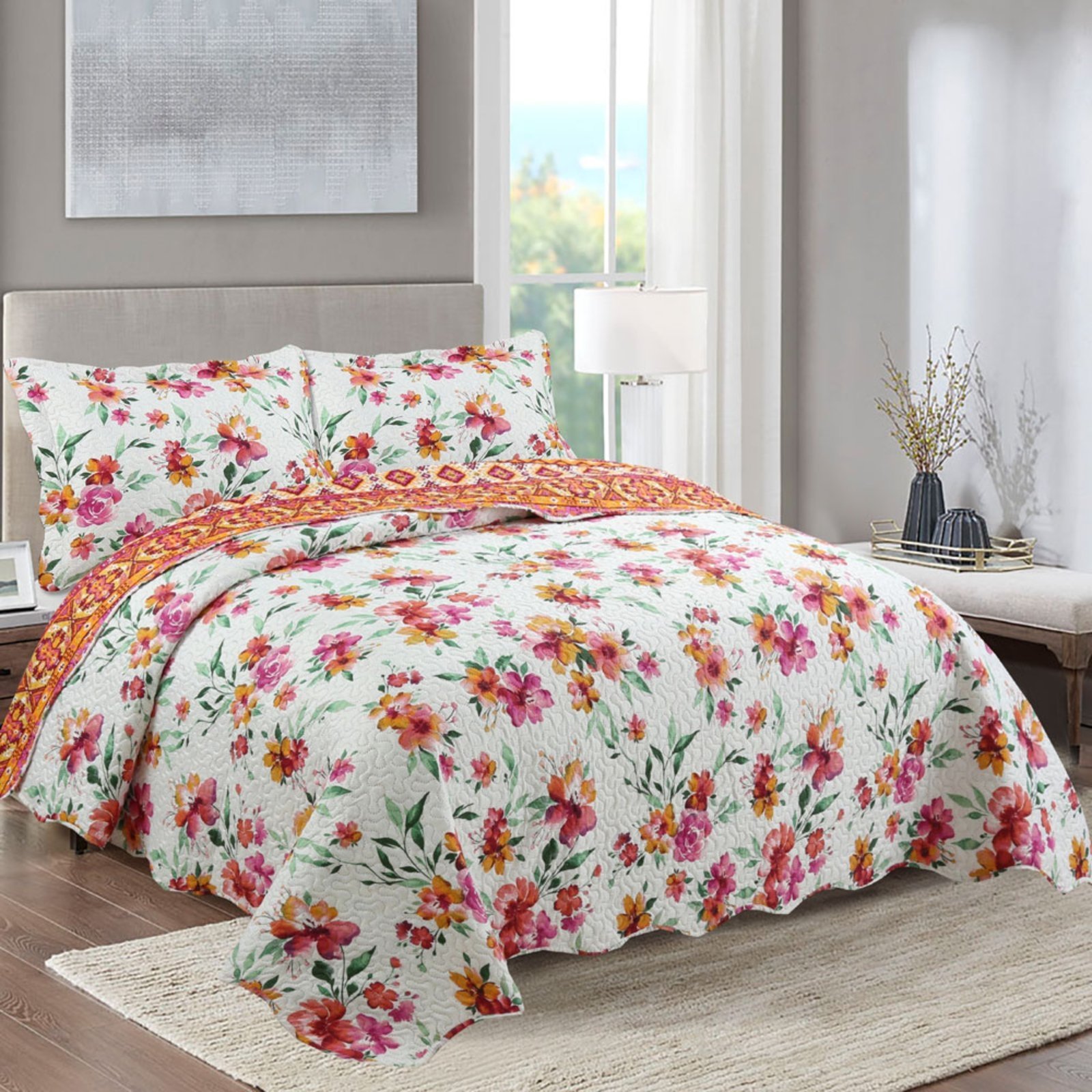 Kit Cobre Leito Colcha Casa Scarpa Mix Queen Estampado Dupla Face Floral 3 Peças - Lilian - Laranja