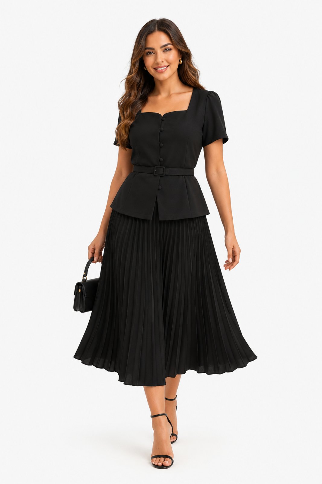 Conjunto Saia Midi D Bell Outlet Fashion Plissada Preto