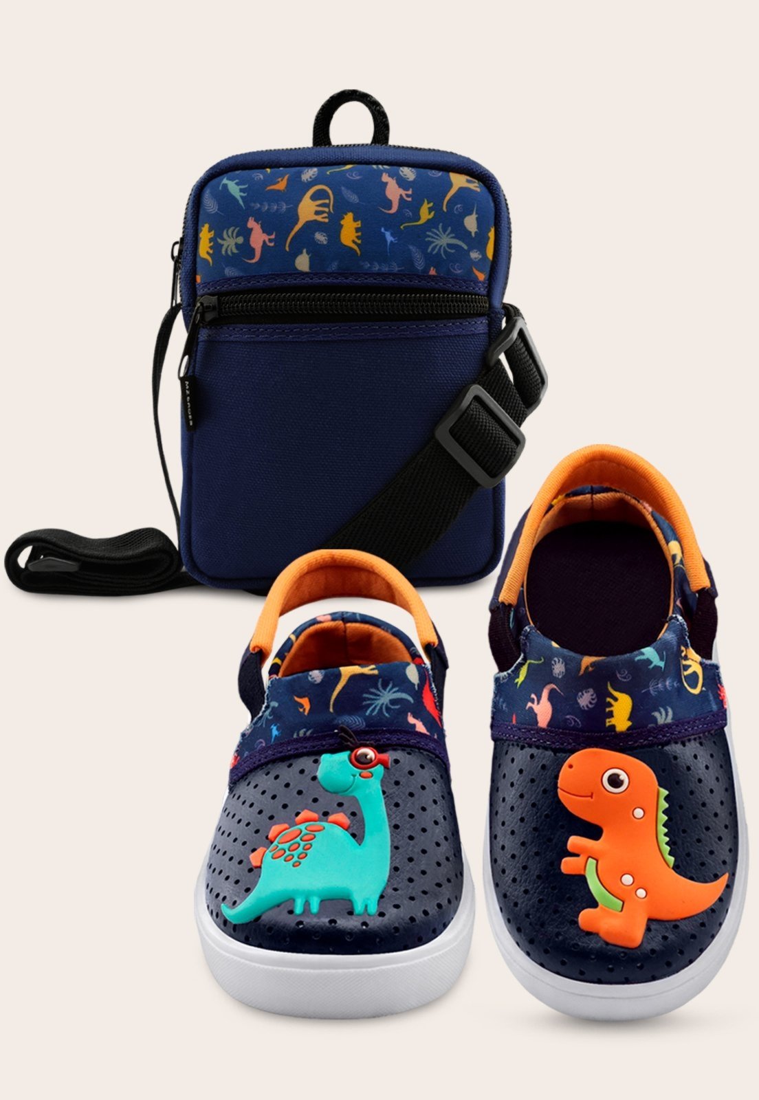 Infantil – Kit Sandália Babuche Menino Dinossauros Com Shoulder Bag Marinho/Colorido Mzkid