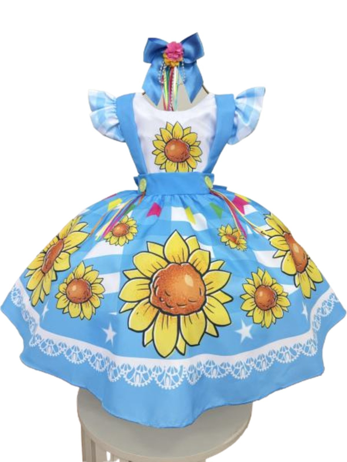 Infantil - Vestido Xadrez Festa Junina Azul Girassol Junino Caipira Quadrilha Sinhá São João Rodado