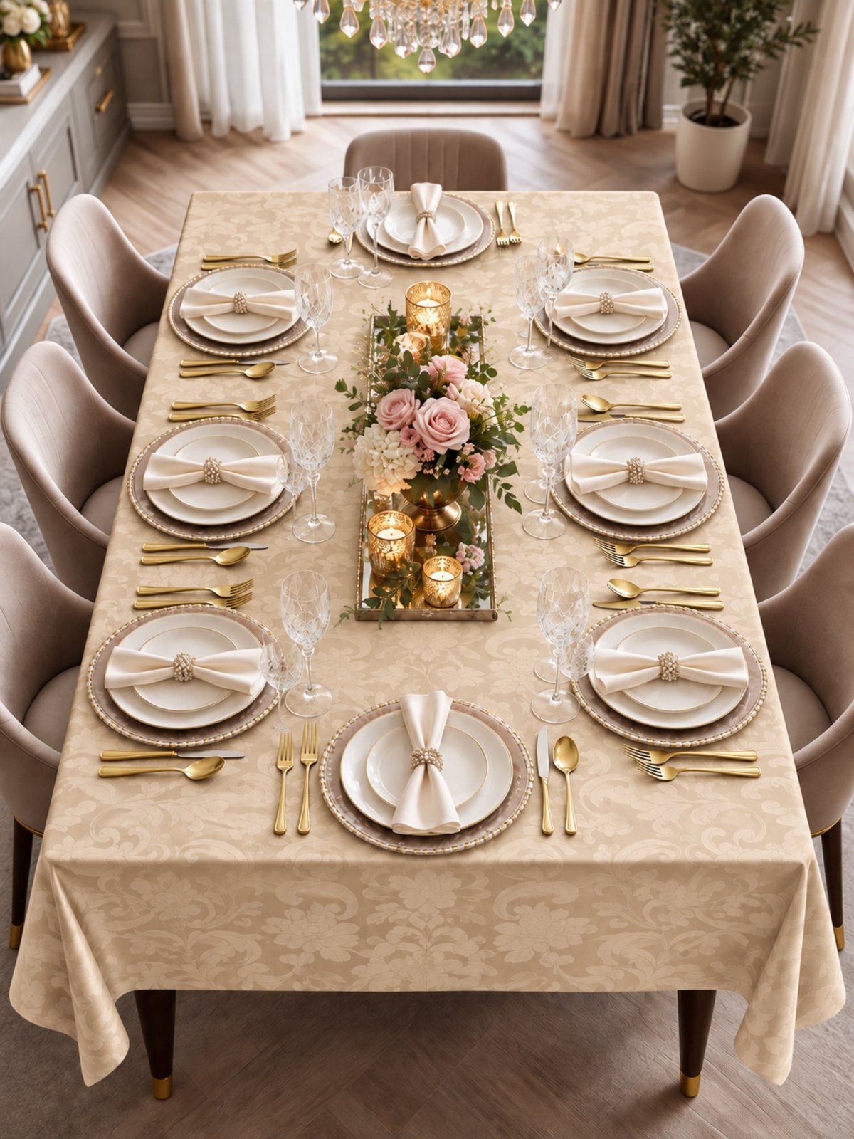 Toalha de Mesa Jacquard 8 Lugares Requinte Clássico Bege