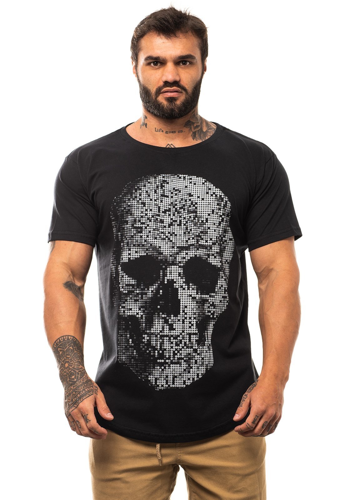 Camiseta Longline Masculina MXD Conceito para Academia e Casual Skull Points Preto Meia Malha